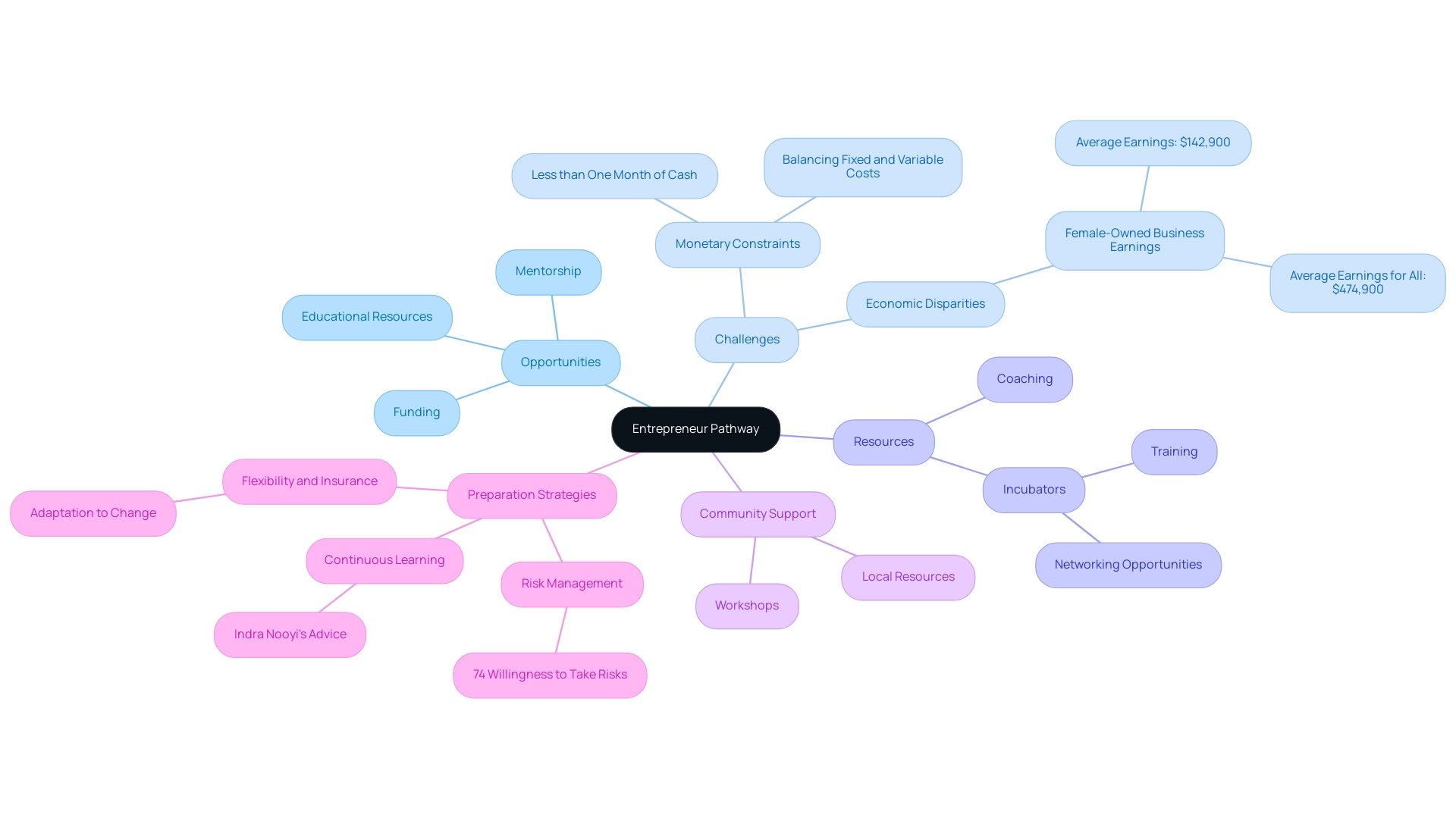 Central node represents the Entrepreneur Pathway; branches indicate key themes such as Opportunities, Challenges, and Resources, with colors differentiating each theme.