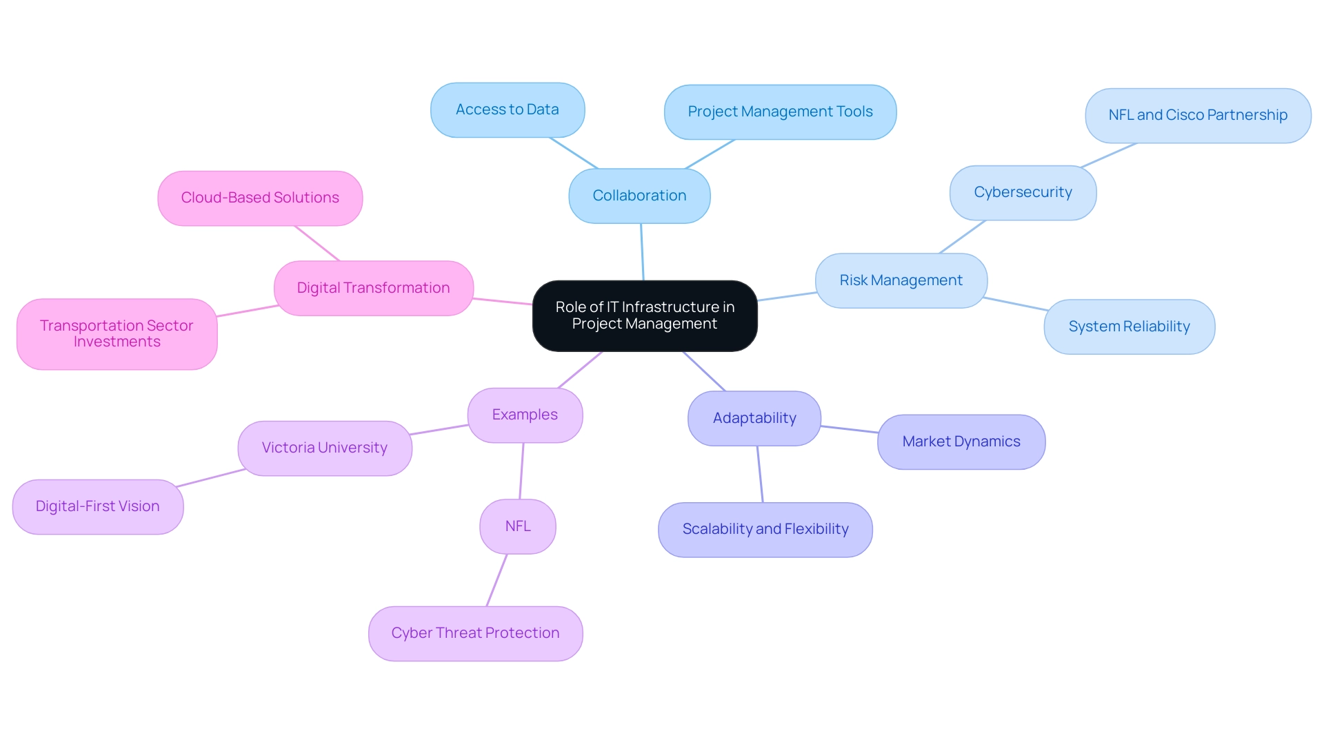 The central node represents the overall theme, with branches for key aspects like collaboration, risk management, and examples of organizations leveraging IT infrastructure.