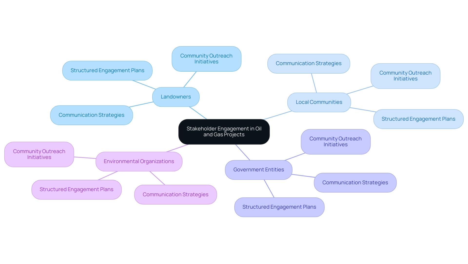 The central node represents stakeholder engagement, with branches for each group and their corresponding engagement strategies.