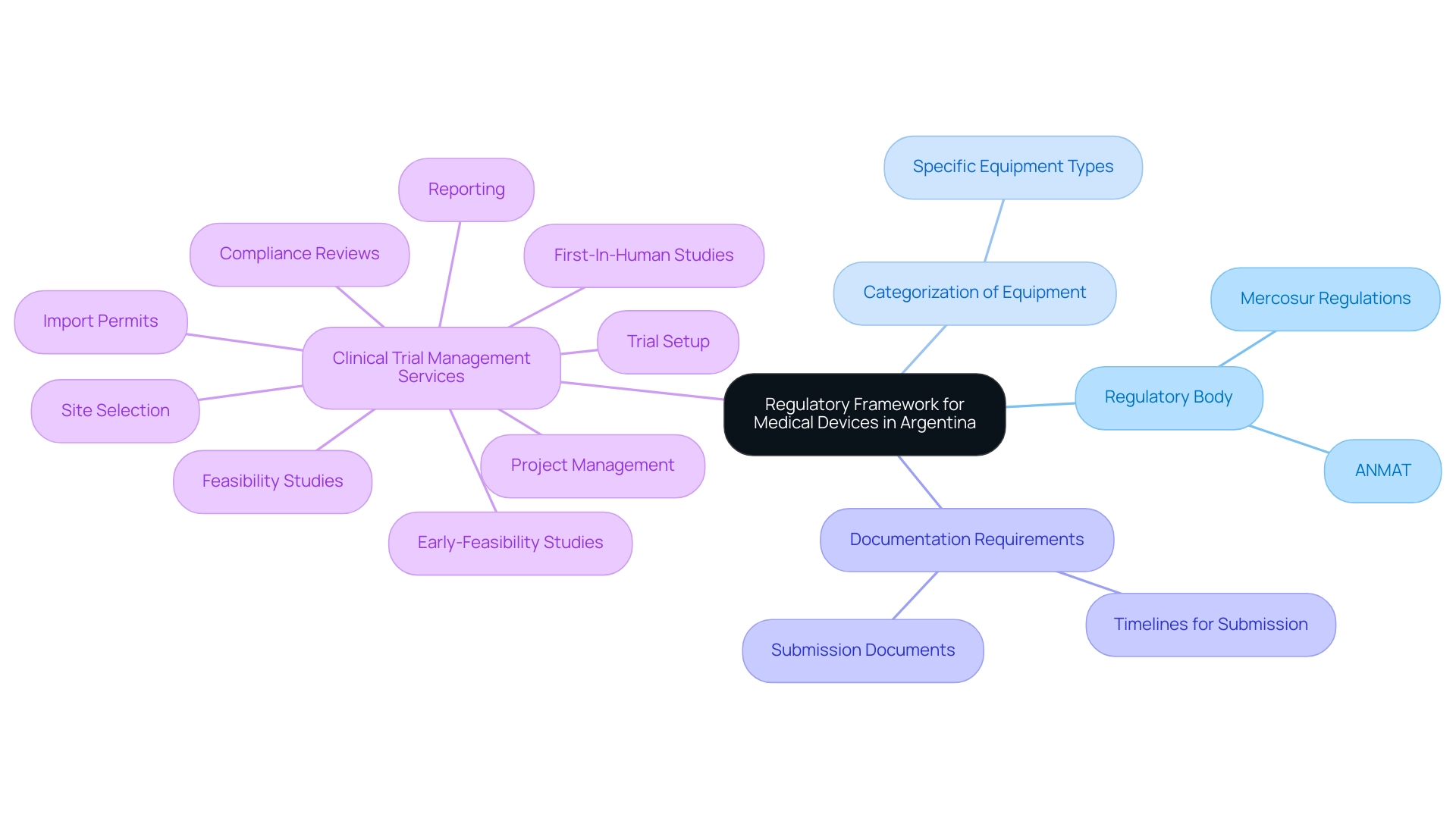 The central node represents the overall regulatory framework, with branches indicating key areas such as regulatory bodies, equipment categorization, documentation, and clinical trial services.