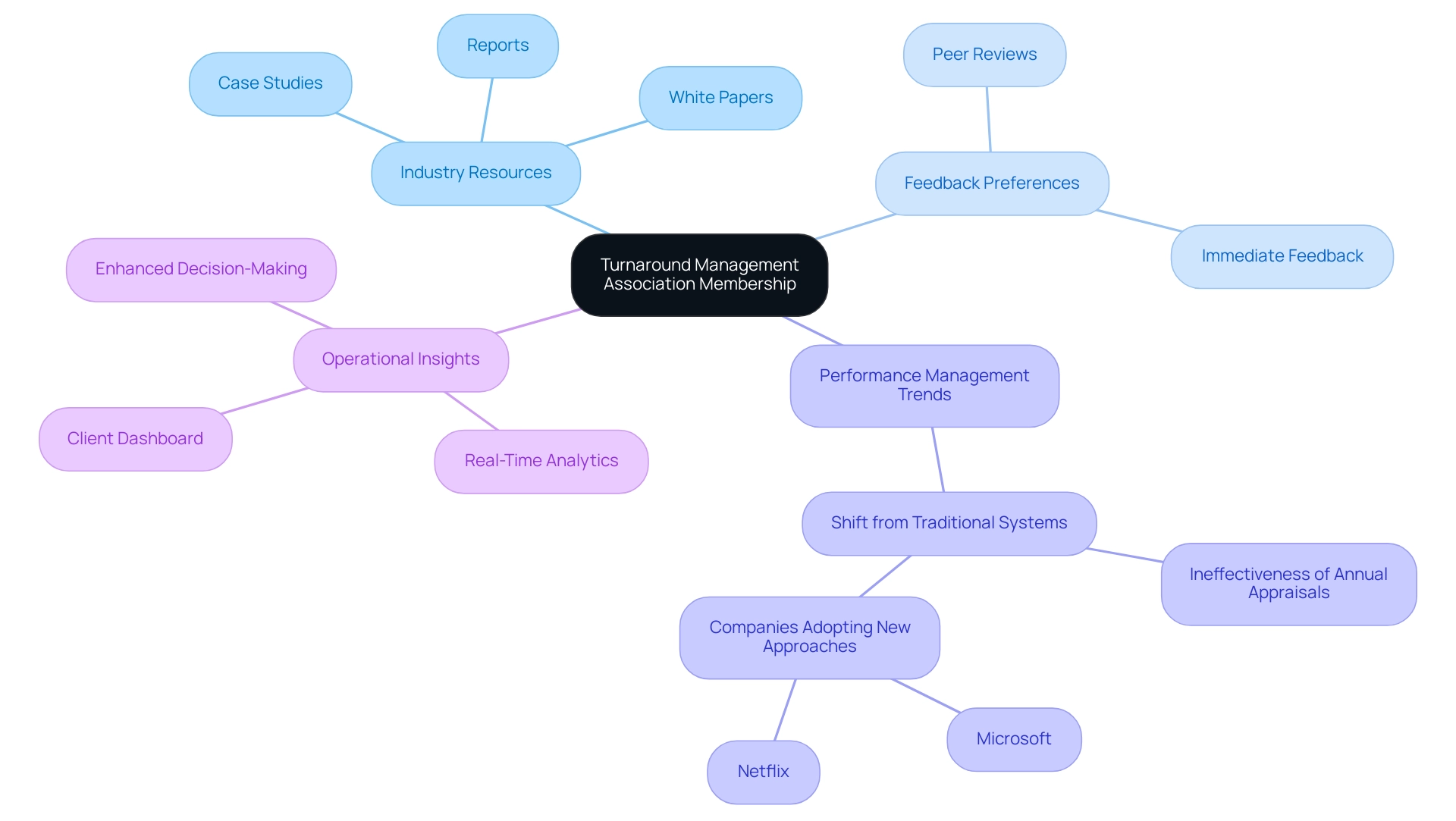 The central node represents the membership, with branches showing key categories and subcategories related to resources and trends.