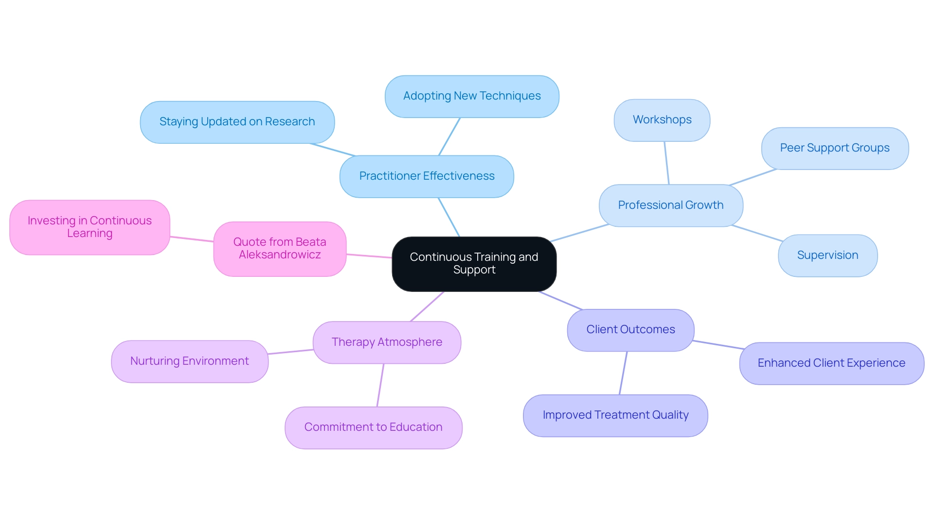 The central node represents the main theme, with branches representing key areas of impact. Different colors indicate different themes within the training and support structure.