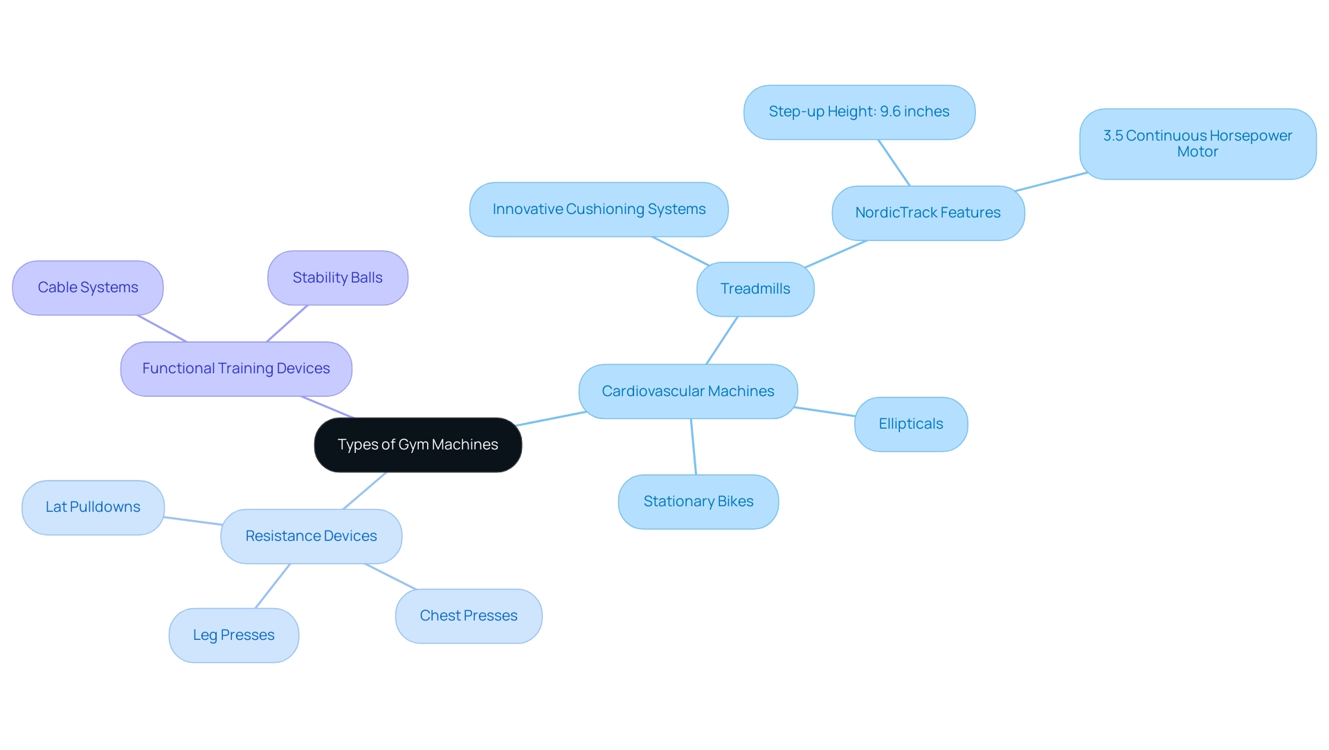 The central node represents the overall topic; branches indicate three main categories of gym machines, each with specific examples.