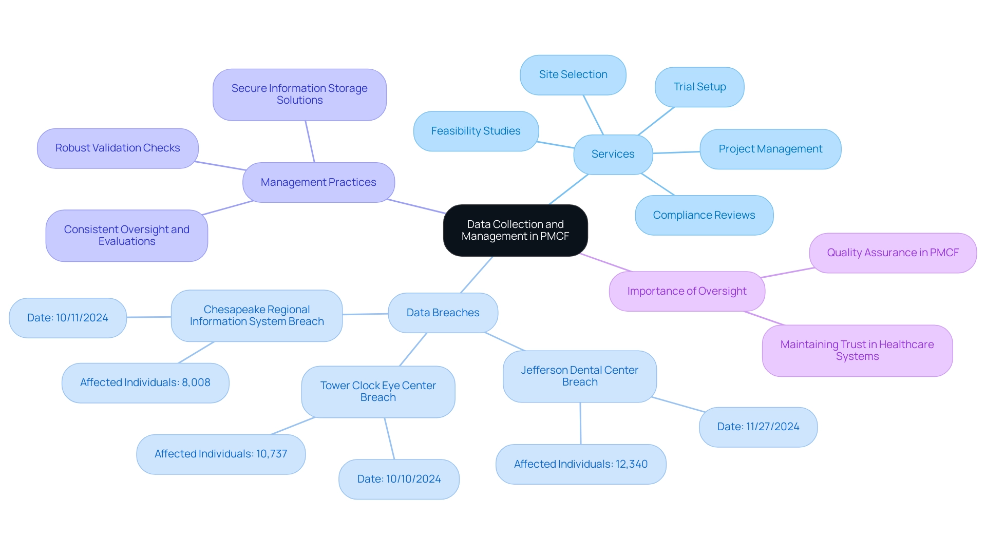 The central node represents the overarching theme, with branches showing key categories such as Services, Data Breaches, Management Practices, and Importance of Oversight.