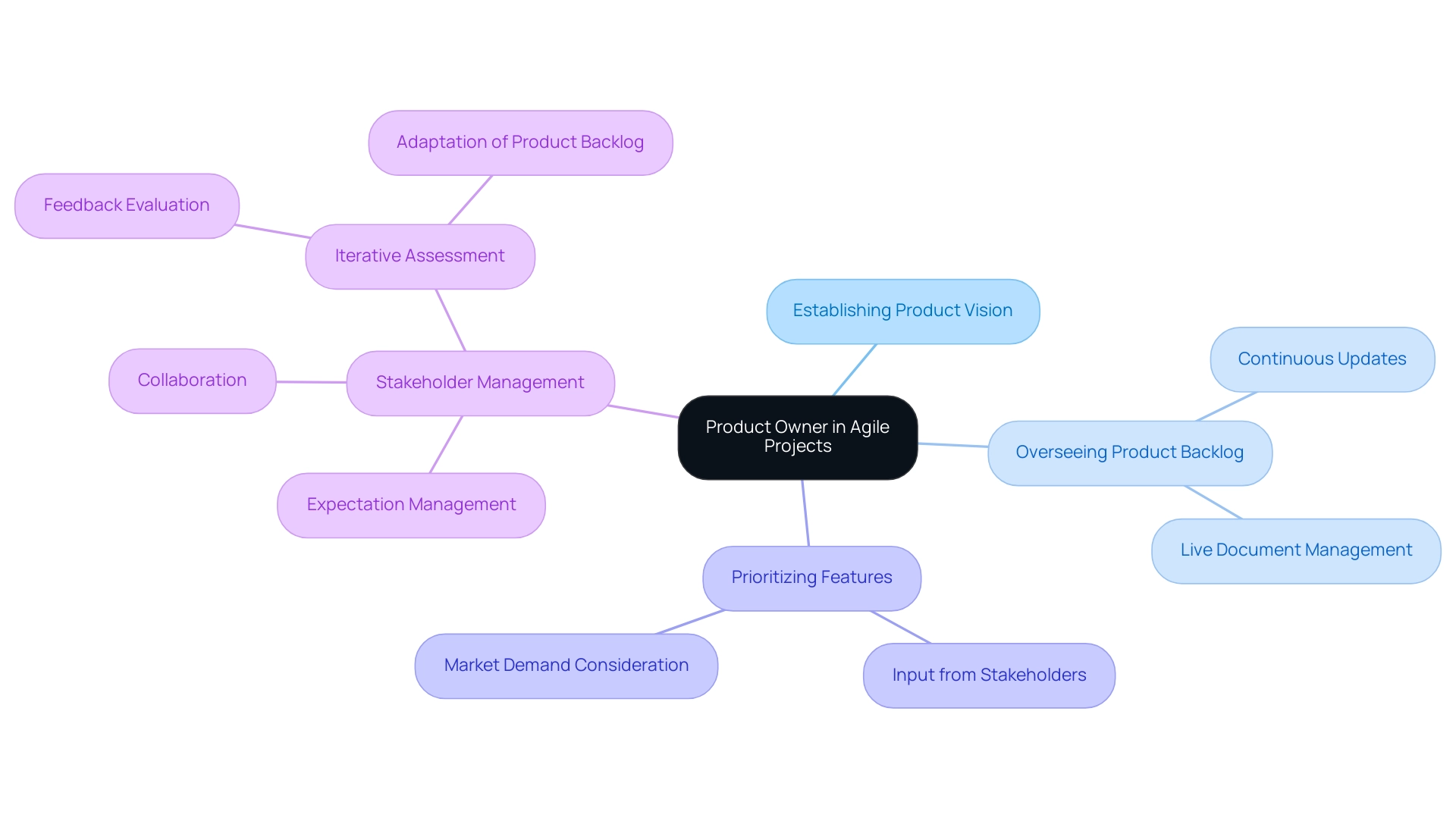 The central node represents the Product Owner's role, with branches showing the main responsibilities and sub-branches detailing specific aspects of each responsibility.