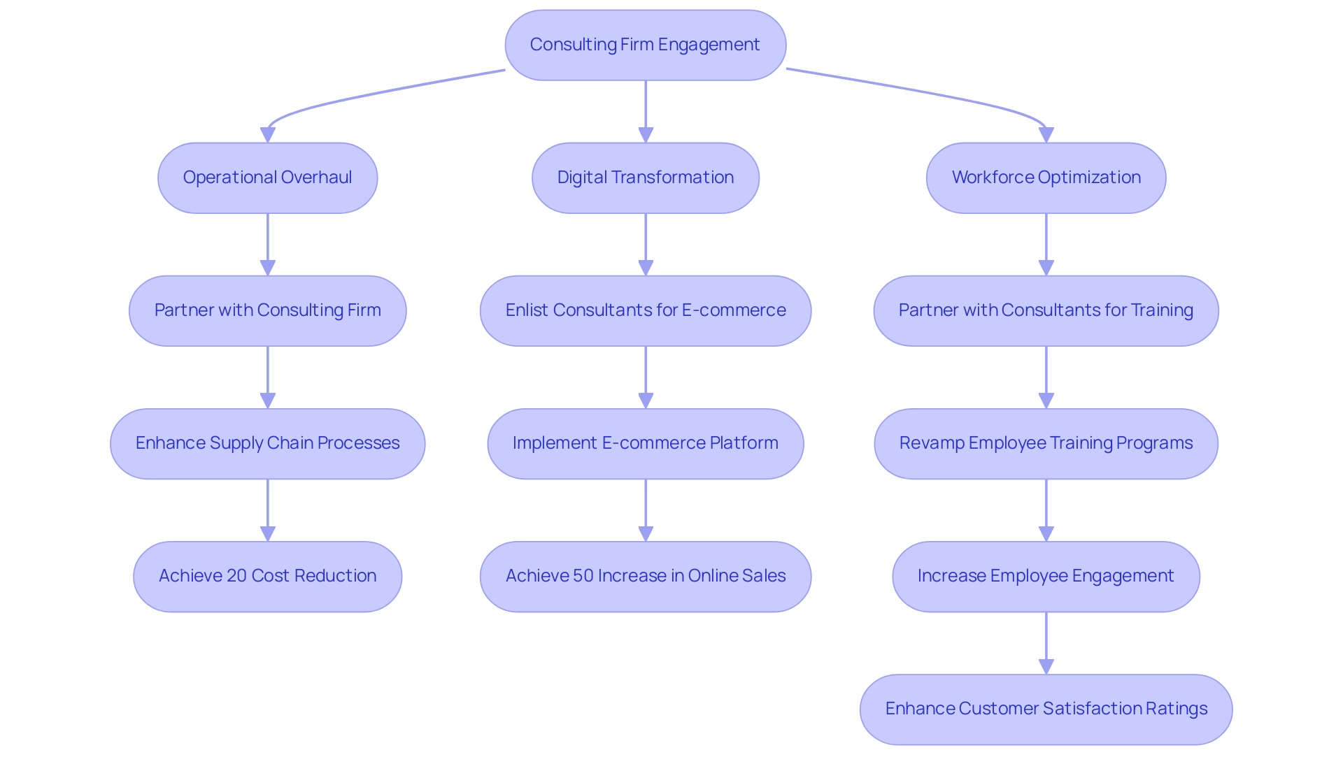 Each path represents a case study. Arrows signify the flow from actions taken to outcomes achieved. Different colors indicate distinct consulting strategies.