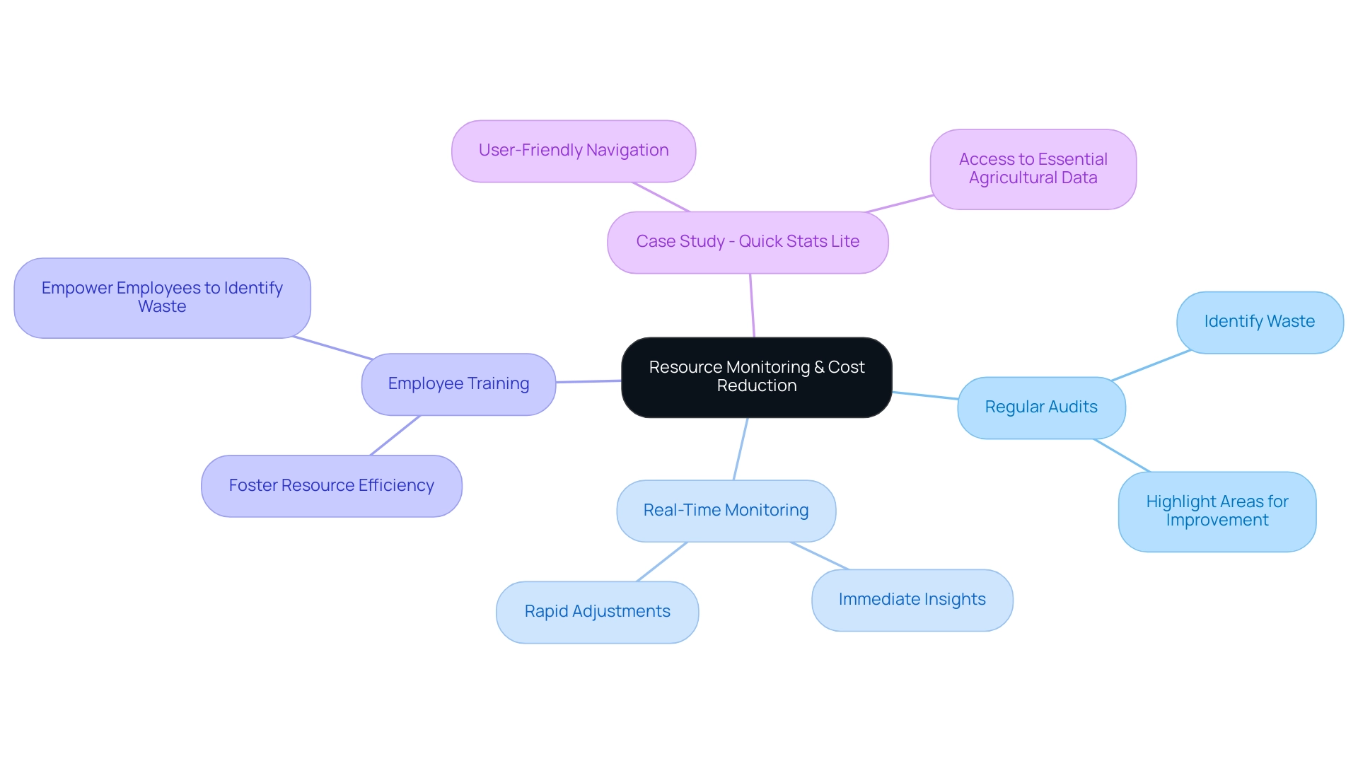 Each color represents a different strategy for resource monitoring, with branches indicating key points and sub-strategies related to each main strategy.