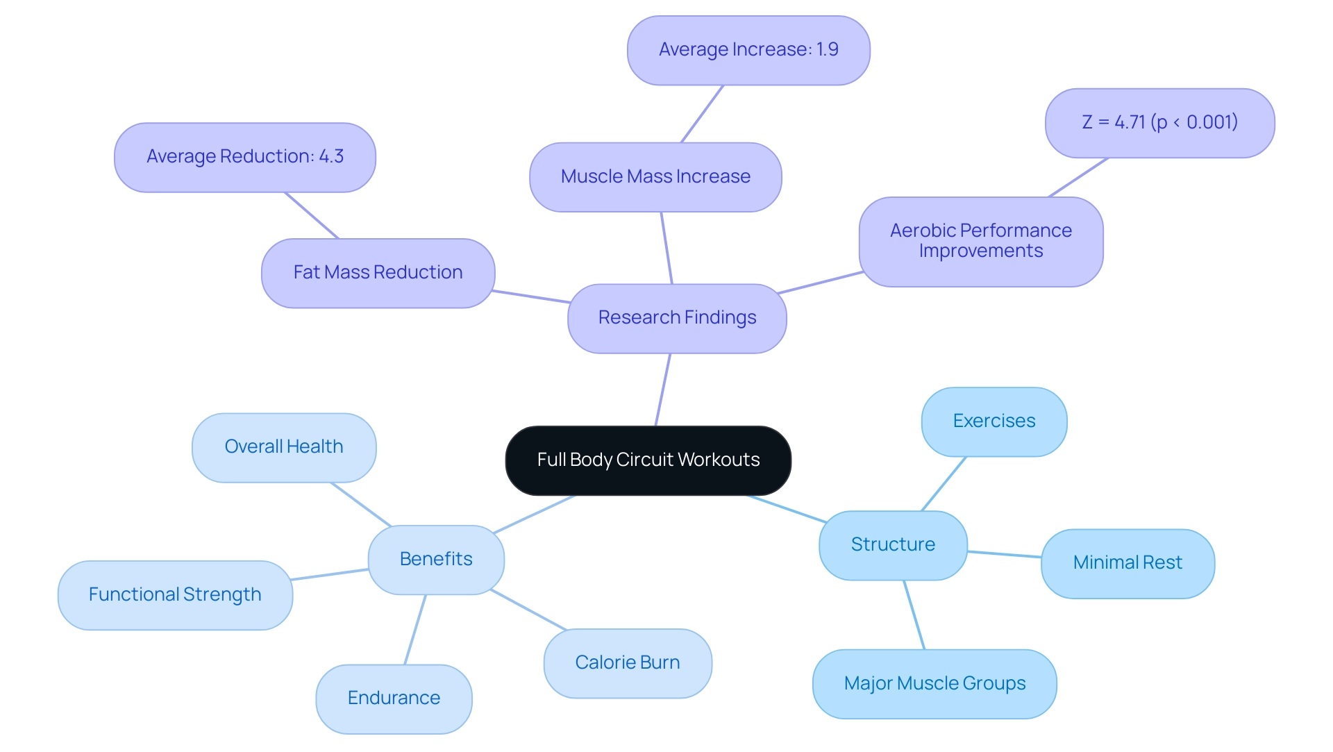 The central node represents full body circuit workouts, with branches illustrating structure, benefits, and research outcomes, each color-coded for clarity.