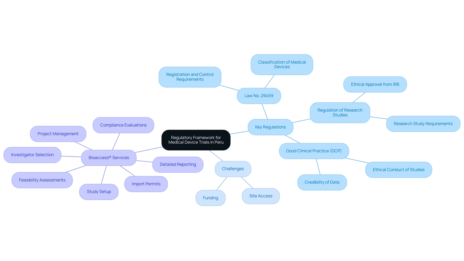 The central node represents the overall regulatory framework, with branches showing key regulations, challenges, and services provided by bioaccess®.