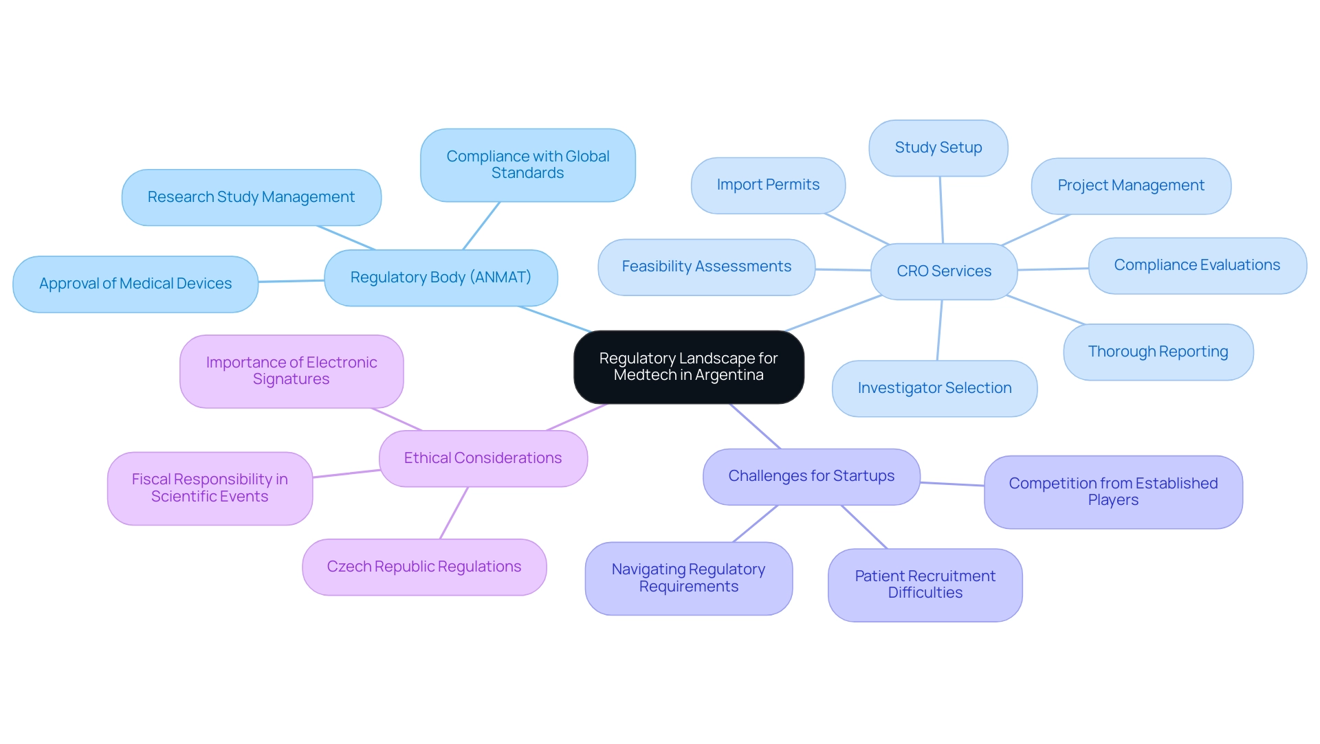 The central node represents the overall regulatory landscape, with main branches for key topics: ANMAT, CRO Services, Challenges, and Ethics, each distinguished by color.