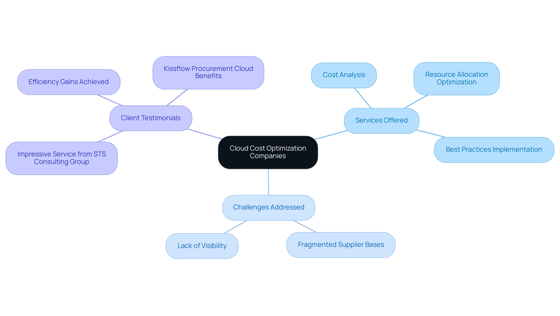 The central node represents cloud cost optimization companies, with branches illustrating services, challenges, and testimonials. Each color represents a different category.