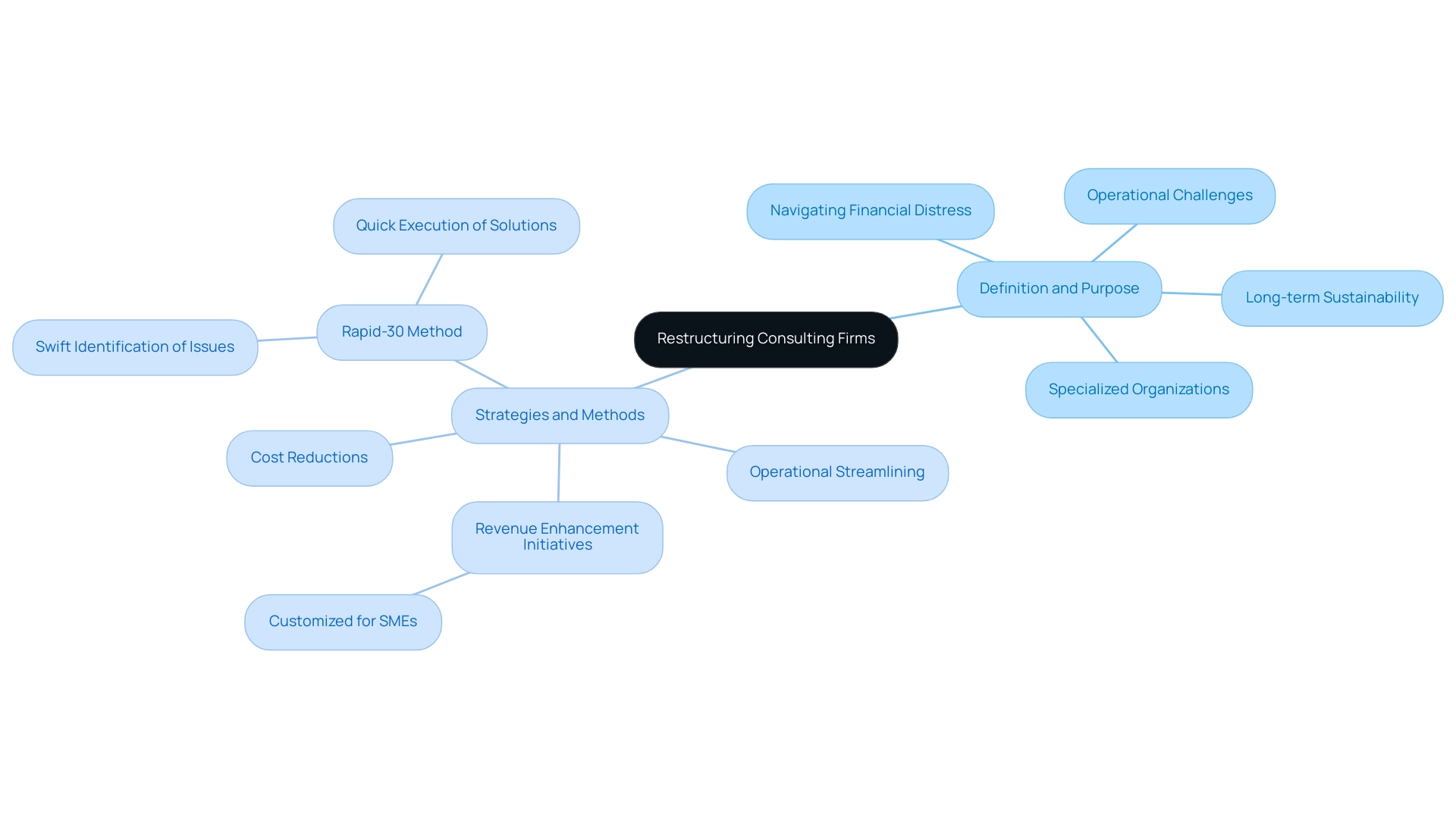 The central node represents the firms' overall purpose, with branches indicating their definition, strategies, and specific methods used to assist companies.