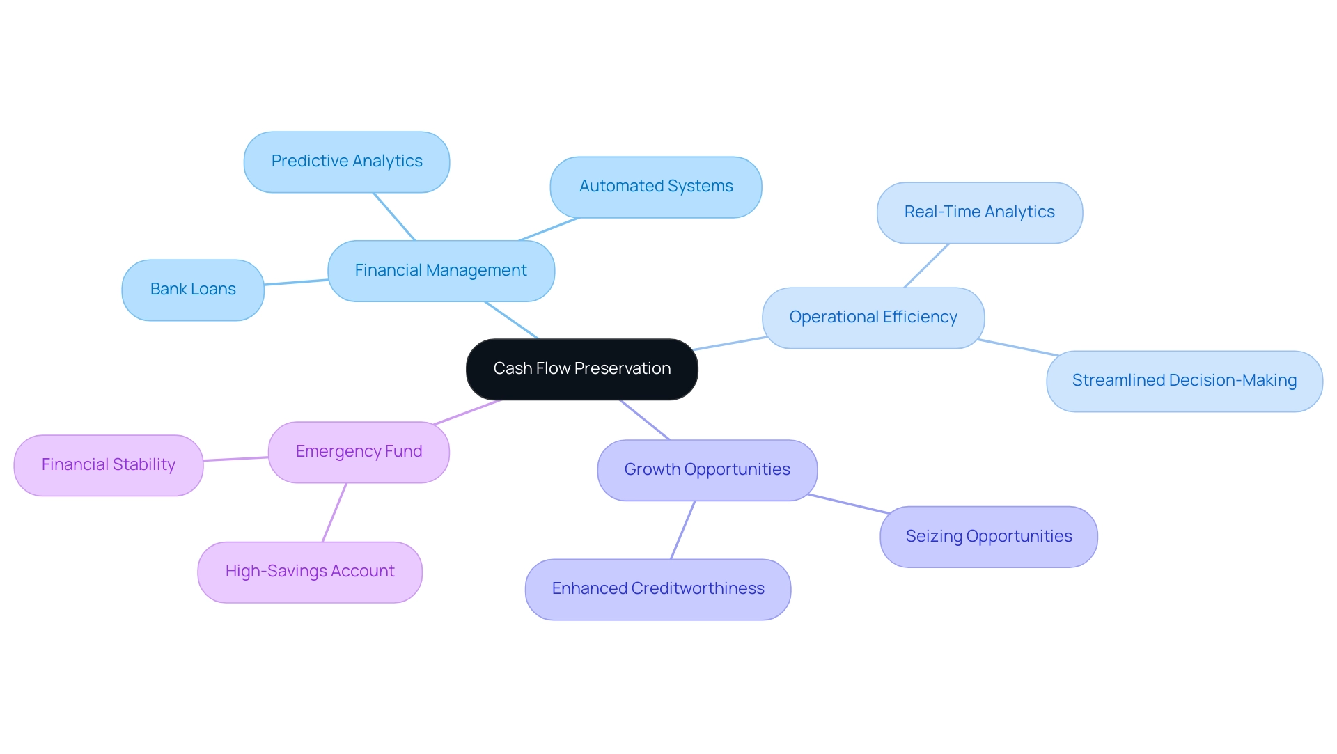 The central node represents cash flow preservation, with branches showing key themes and their respective strategies or benefits.