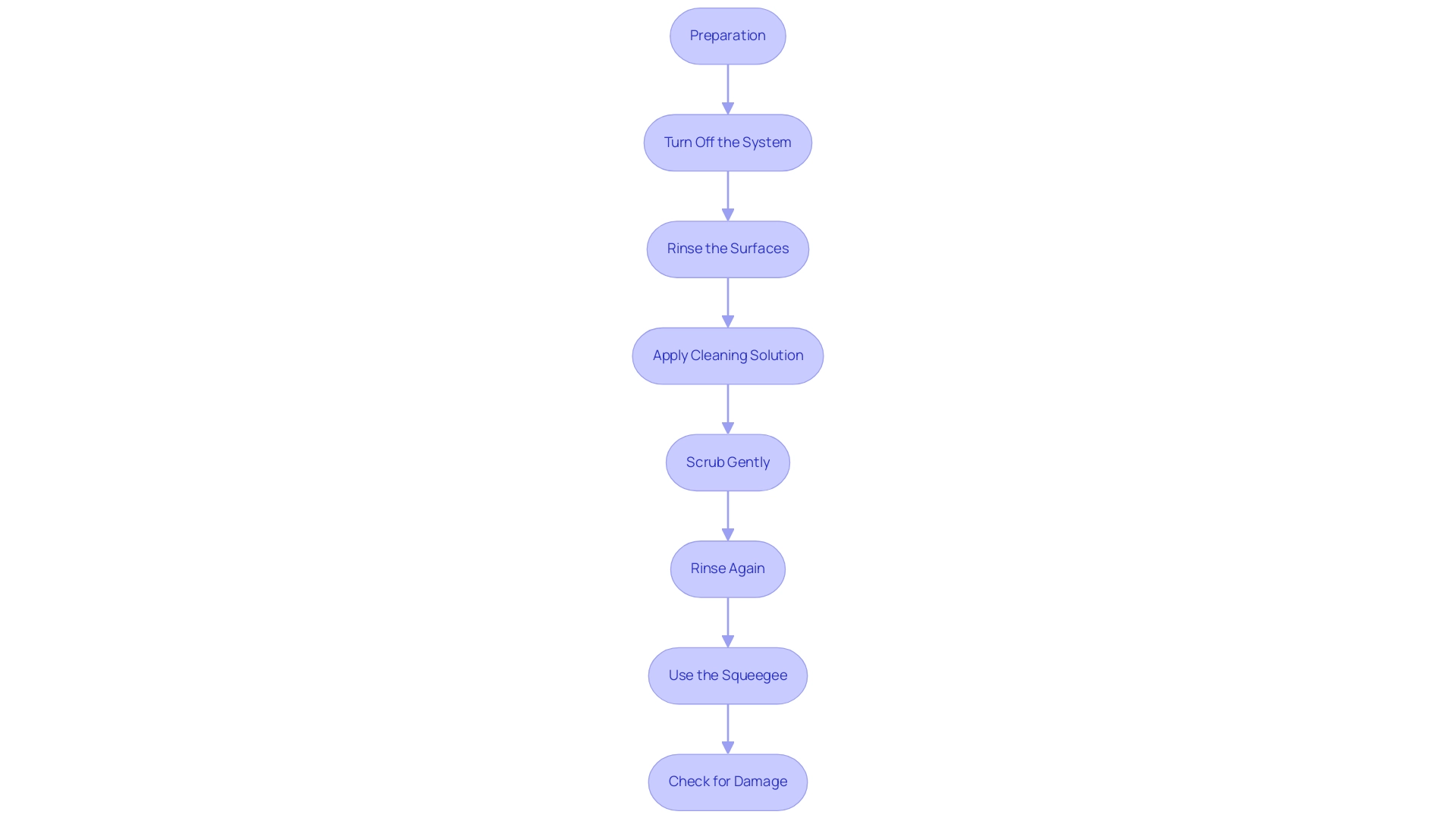 Each box represents a step in the cleaning process, with arrows showing the sequence of actions from preparation to final inspection.
