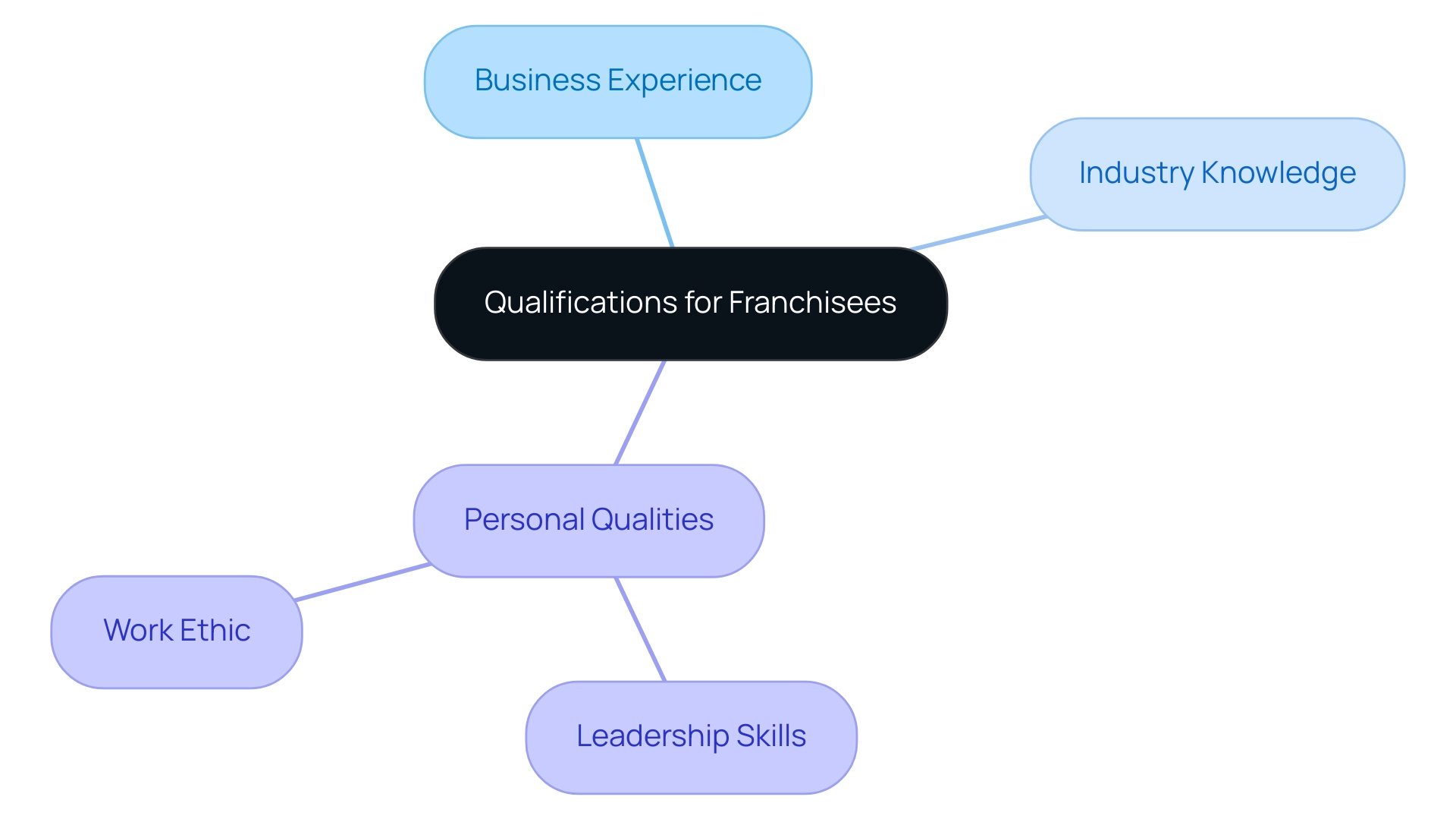 The central node represents the overall qualifications, with branches showing main categories (Business Experience, Industry Knowledge, Personal Qualities) and their respective subcategories.