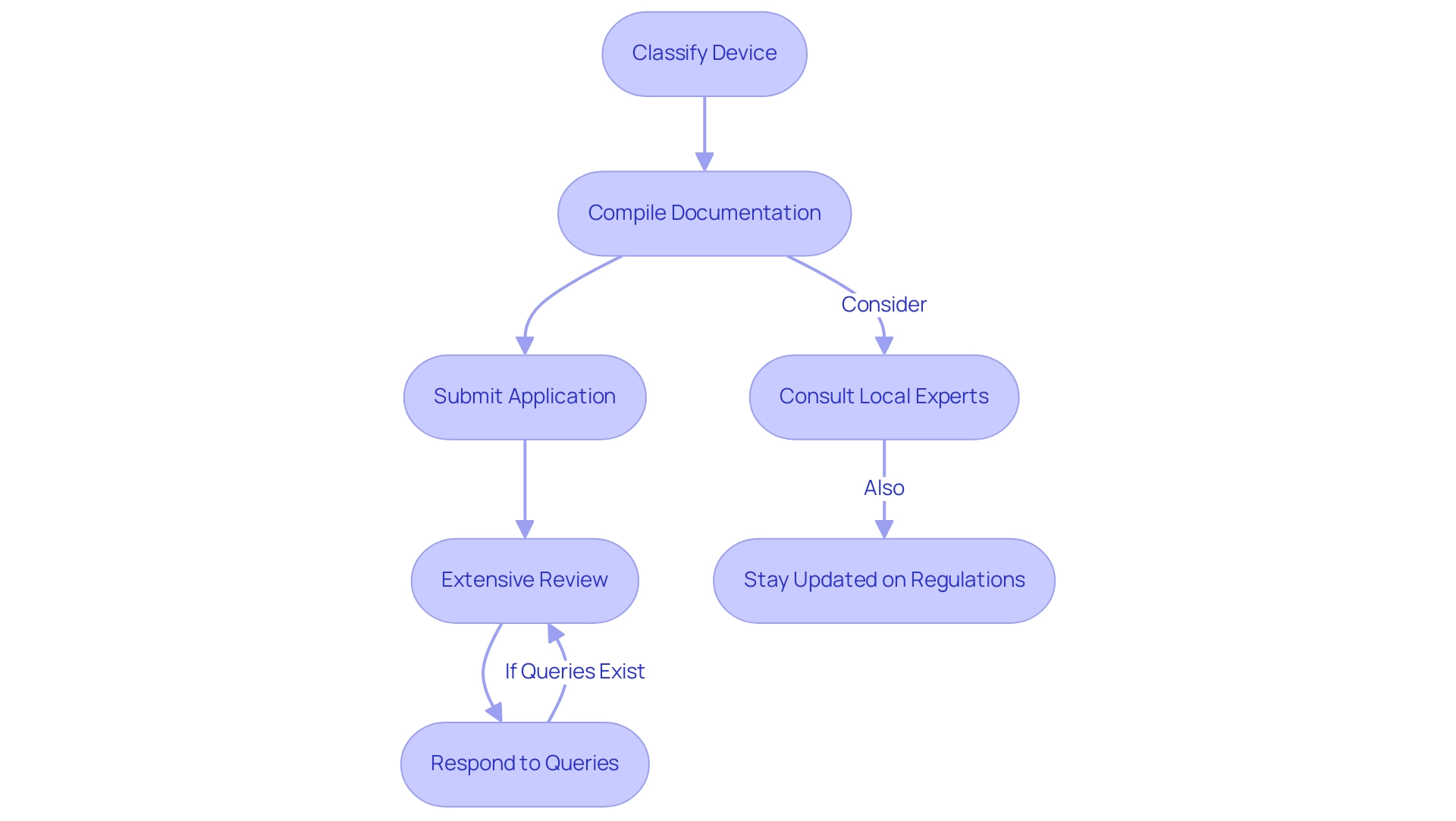 Each box represents a step in the registration process, and the arrows indicate the sequence of actions. Additional notes highlight important considerations like consulting experts.