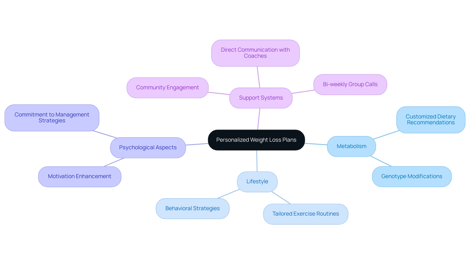 The central node represents personalized weight loss plans with branches illustrating the factors influencing weight loss and their respective components.