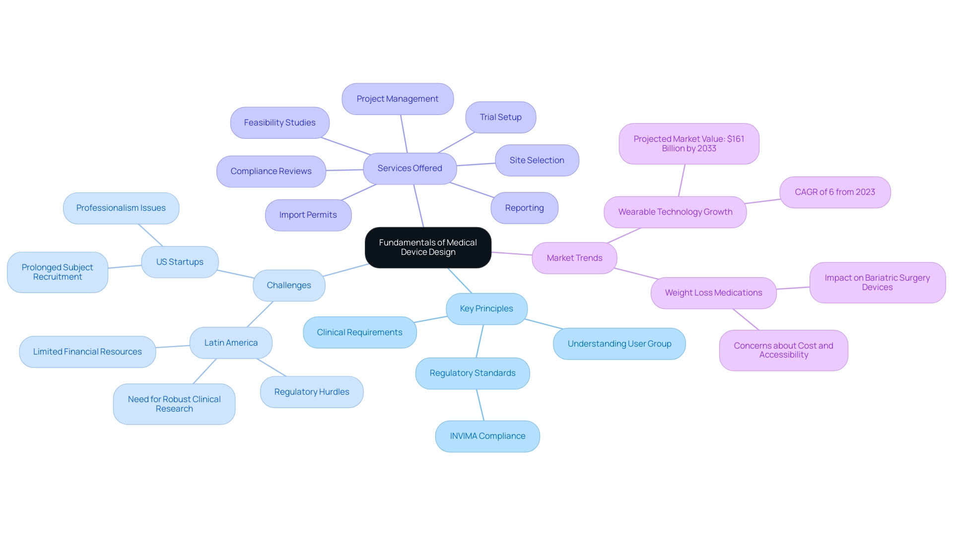 Branches represent categories such as principles, challenges, services, and market trends, with color coding to differentiate between them.