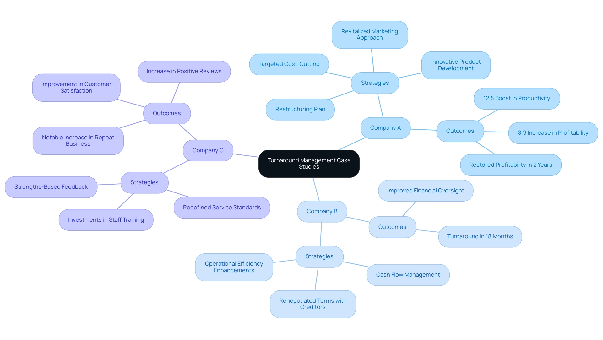 The central node represents the overarching theme; branches indicate individual companies, with further subdivisions showing strategies and outcomes.