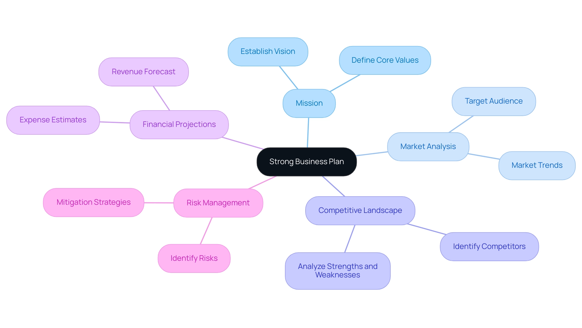 The central node represents the strong business plan, with branches indicating key components essential for securing financing.