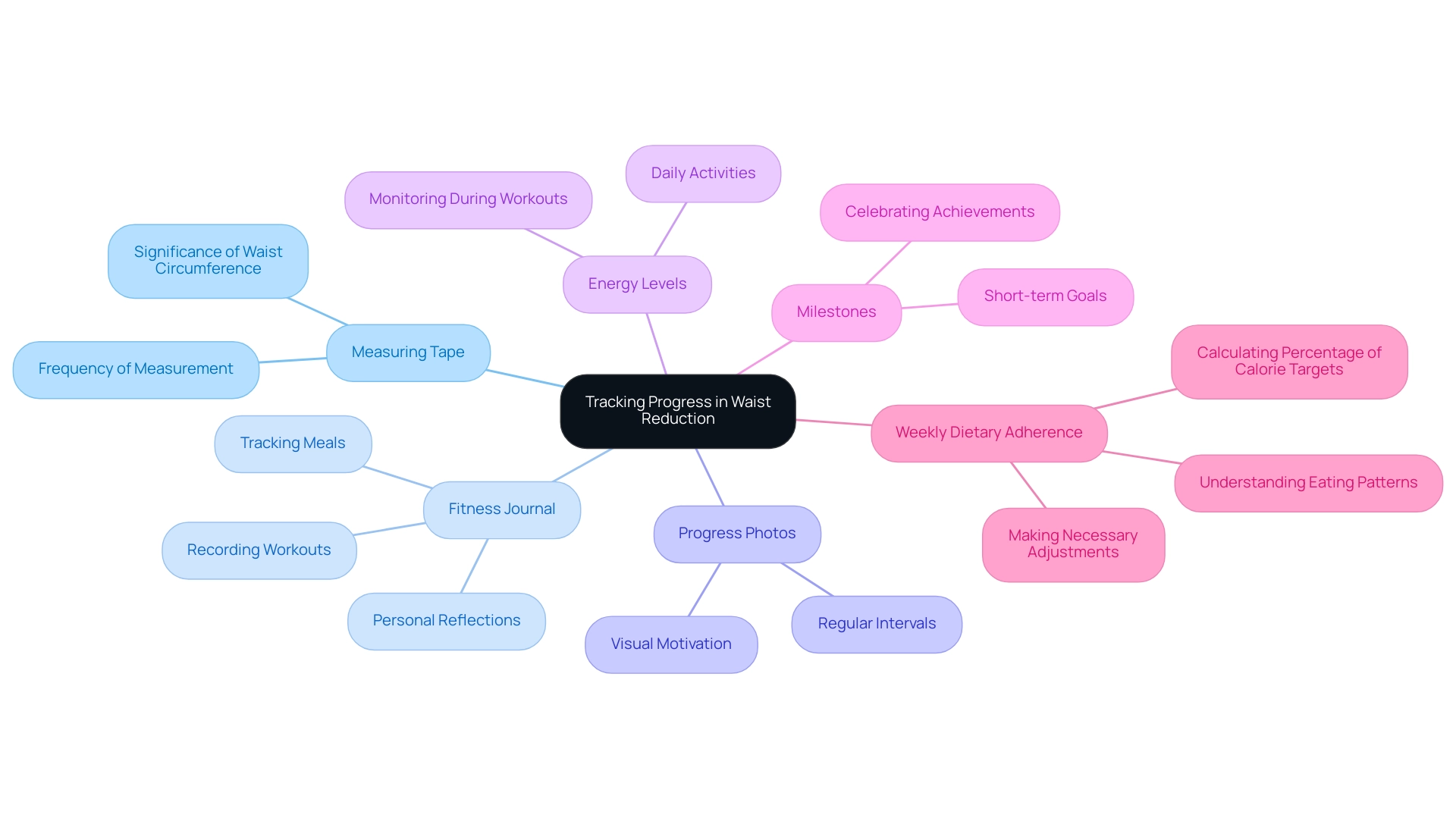 Each branch represents a method for tracking progress, with colors distinguishing the various strategies employed in the waist reduction journey.