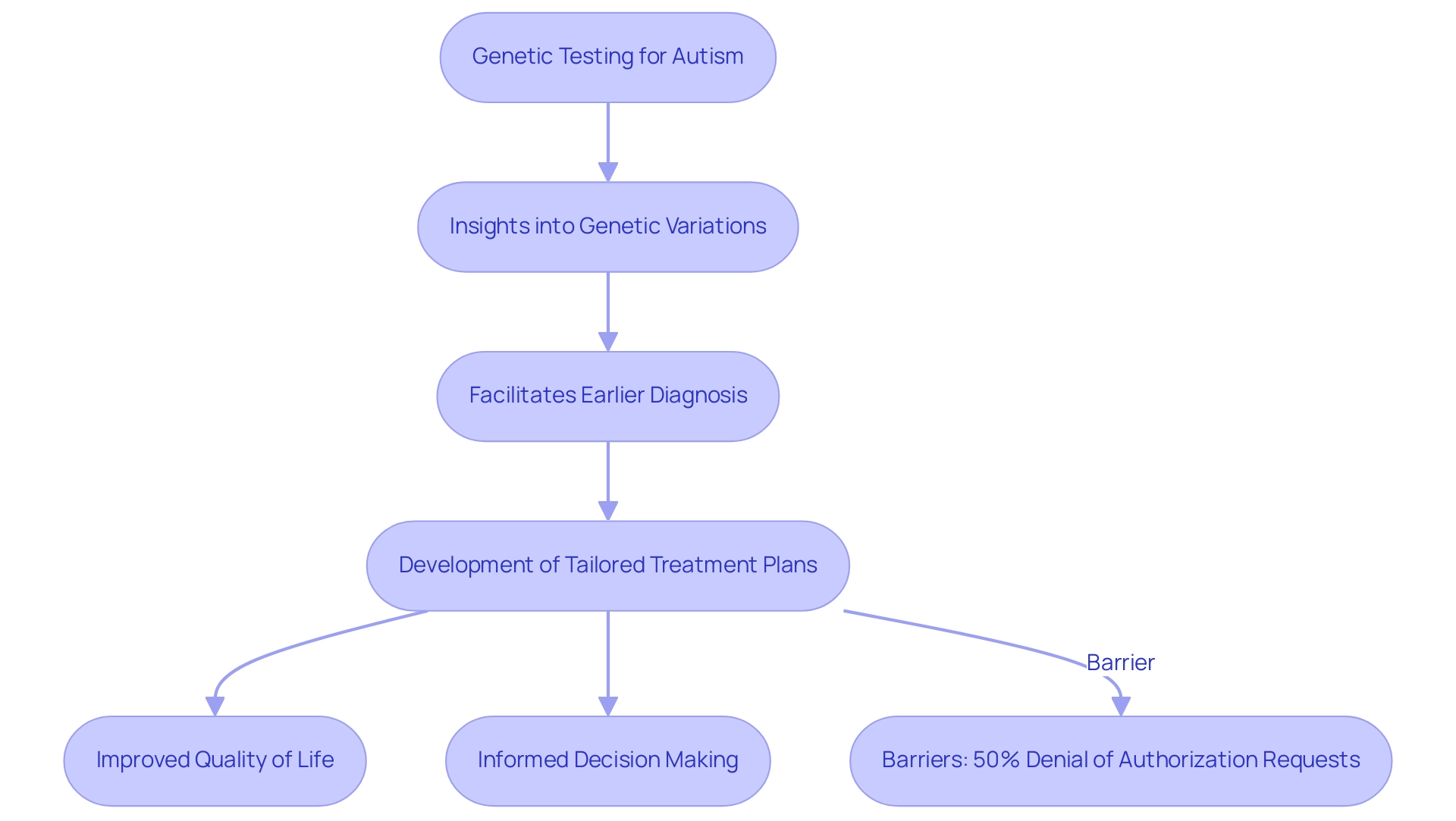 Each box represents a step in the process of genetic testing's impact on autism management, with arrows indicating the flow from testing to outcomes, and a note on barriers in the process.