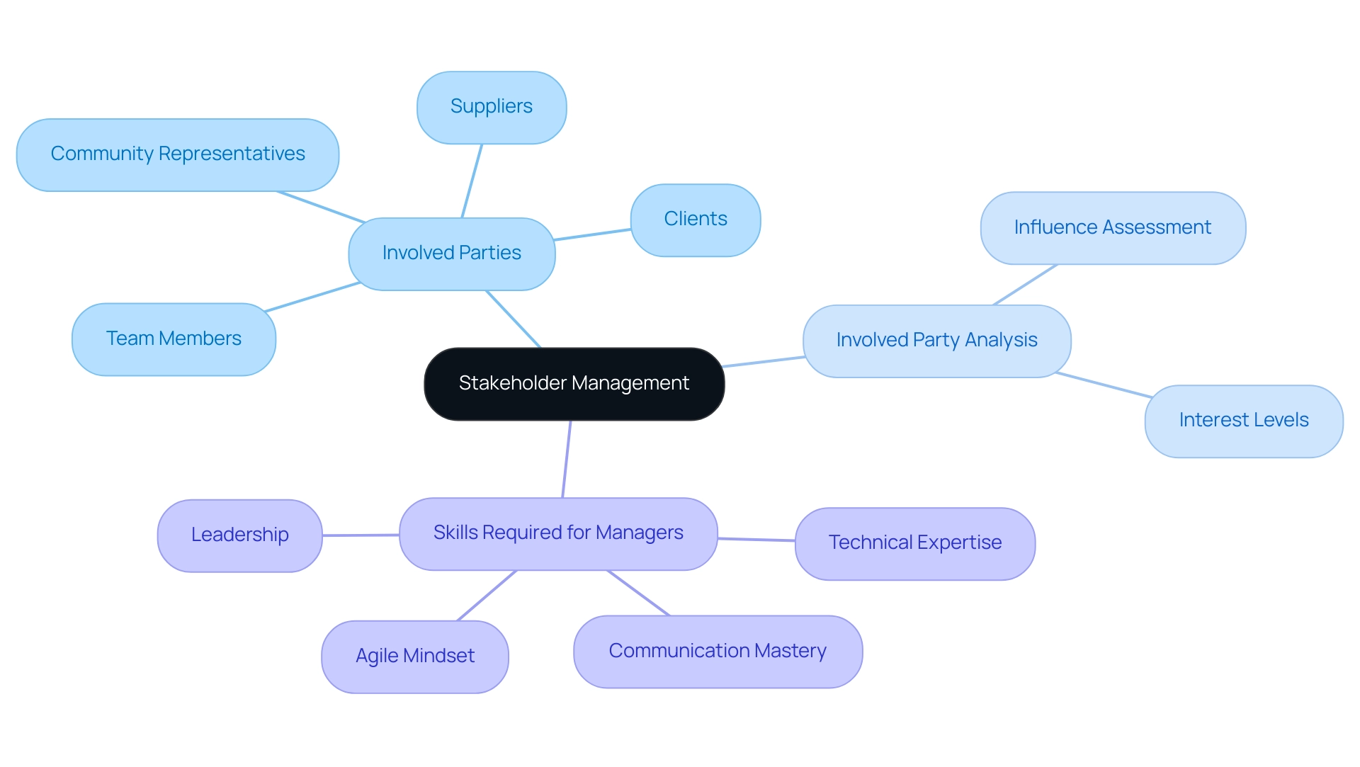 The central node represents the main concept of stakeholder management, with branches showing key components and their subcategories.