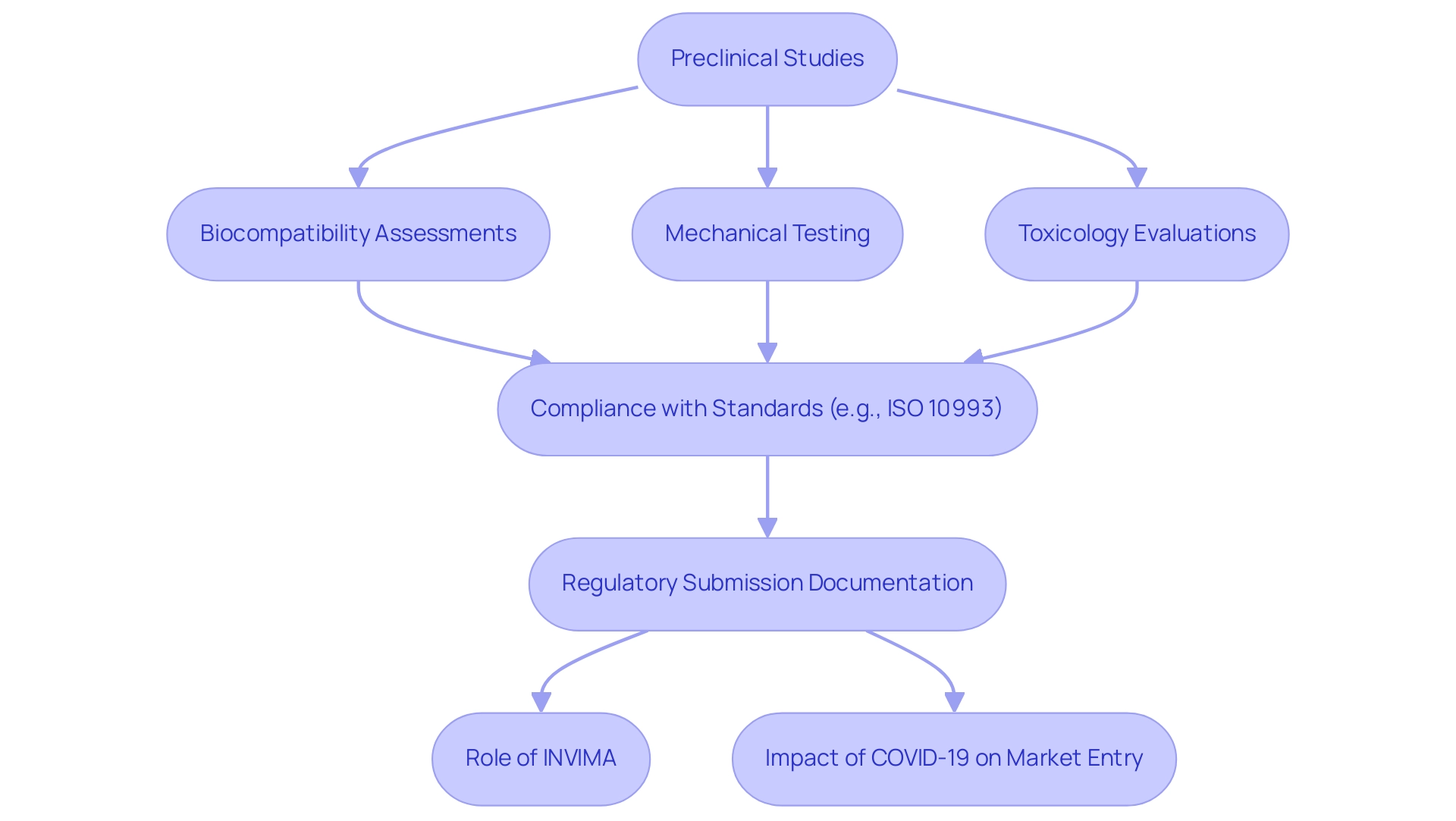 Each box represents a step in the preclinical study process, with colors indicating testing components (blue), compliance (green), and regulatory aspects (red).