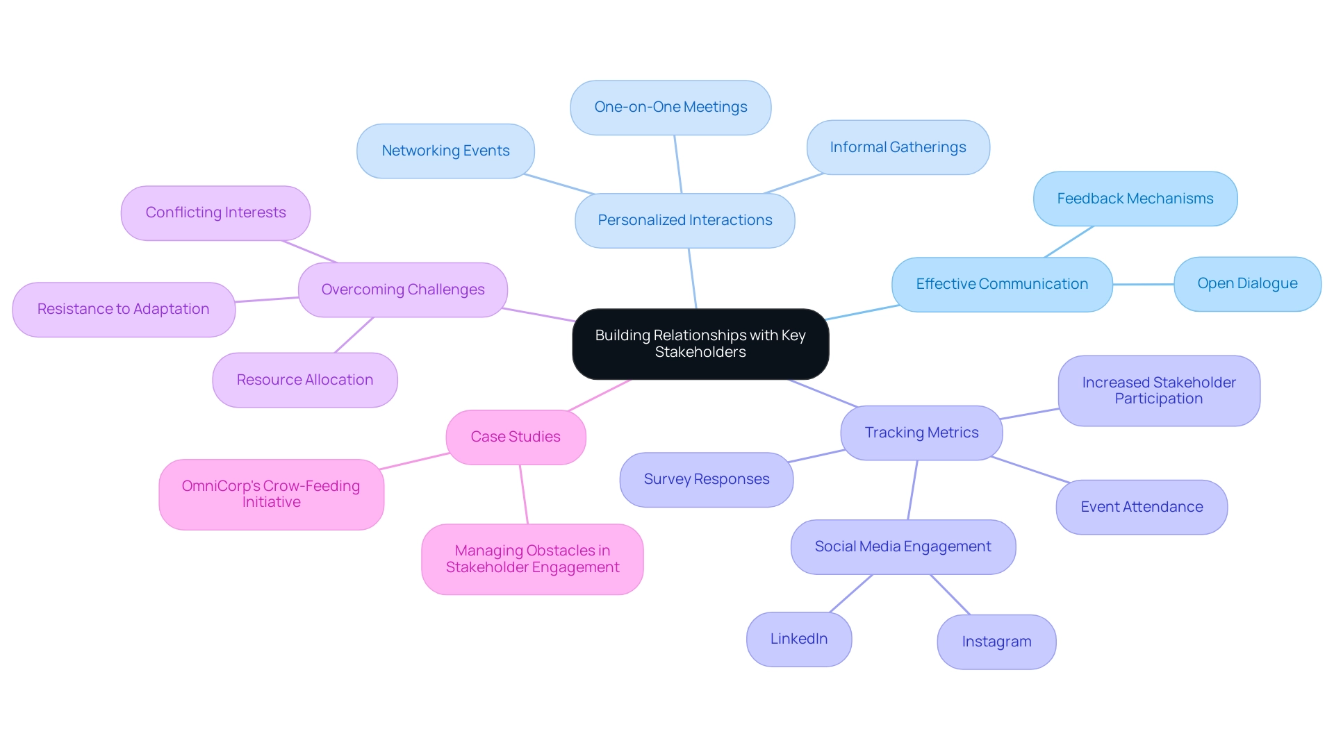 The central node represents the focus on stakeholder relationships, with branches illustrating communication strategies, metrics for engagement, and challenges faced.