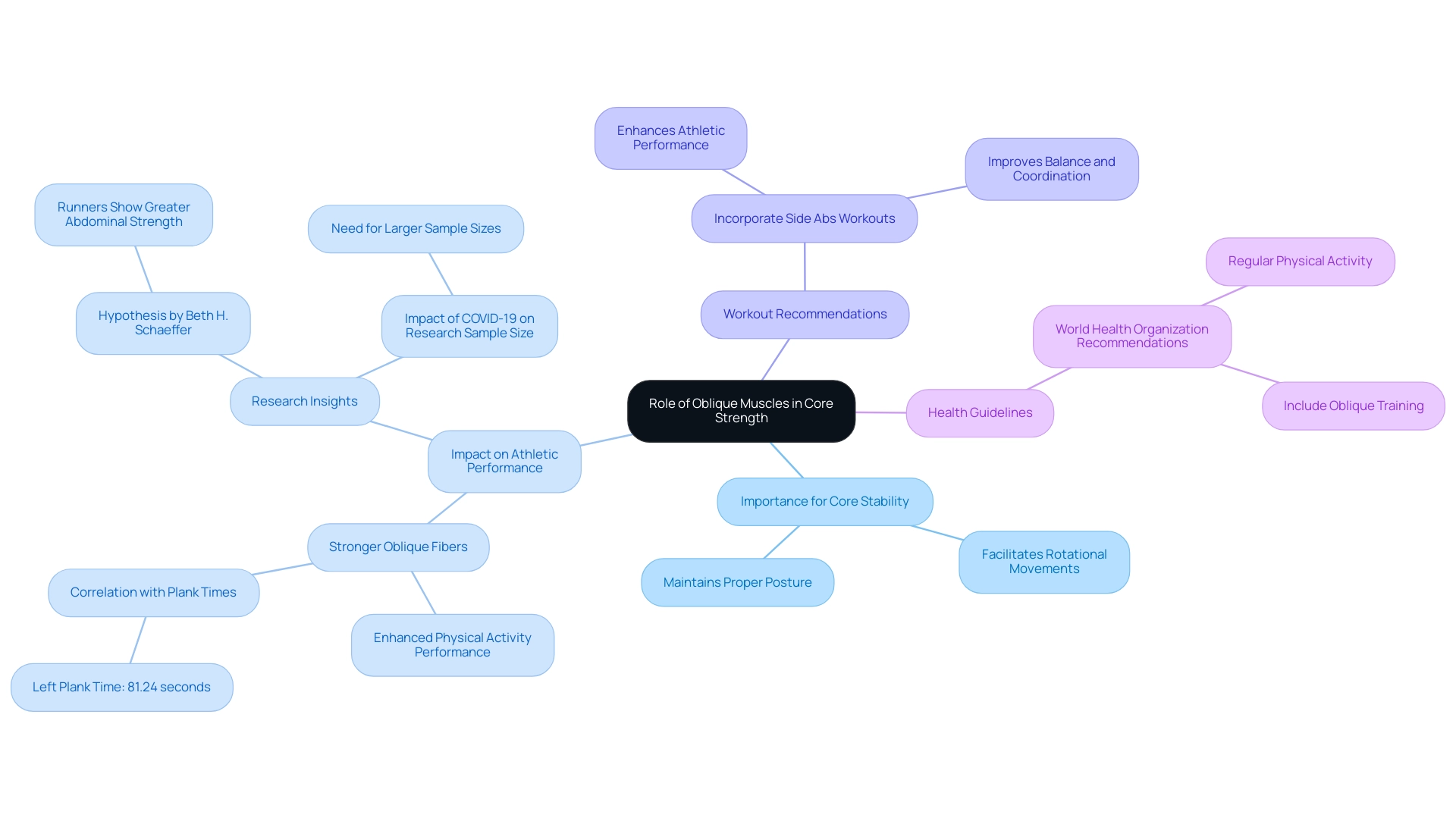 The central node represents the role of oblique muscles, with branches indicating different aspects like importance, performance impact, workouts, and health guidelines.