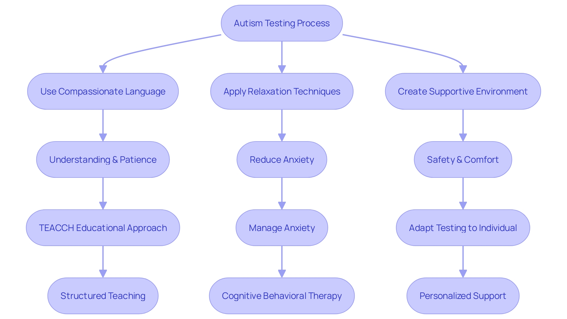 Flowchart illustrating the process of autism testing and strategies to reduce anxiety