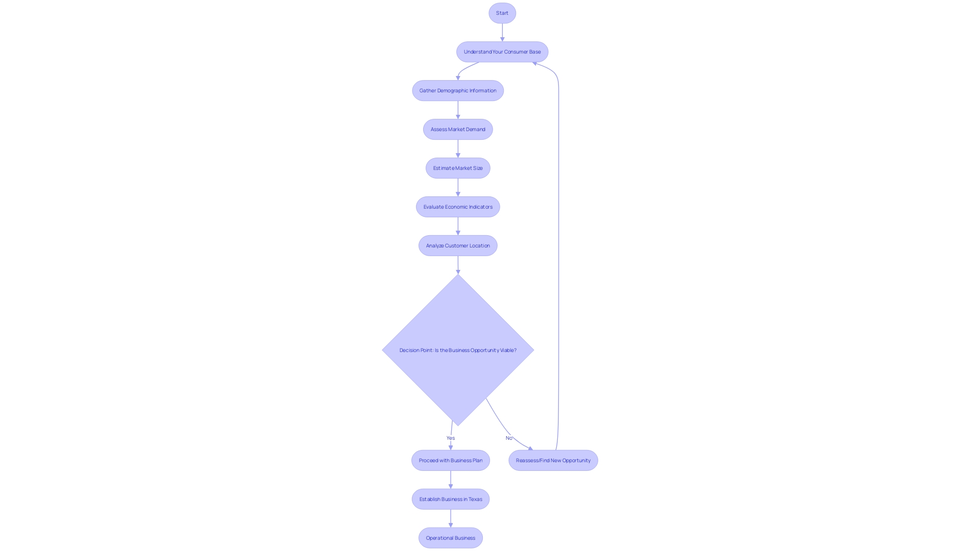 Flowchart illustrating the process of evaluating a business opportunity in Texas