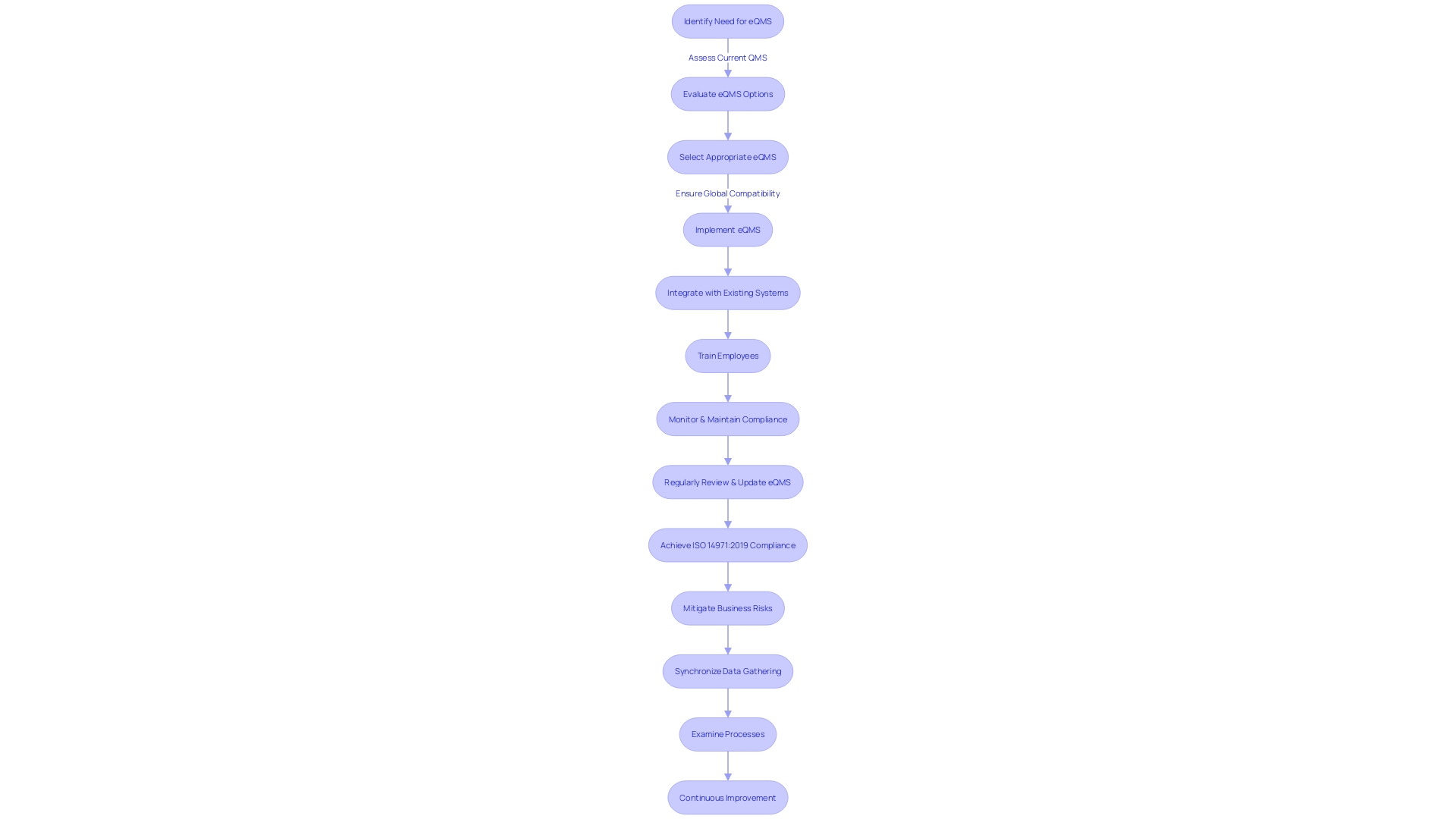 Flowchart illustrating the process of implementing an electronic Quality Management System (eQMS)