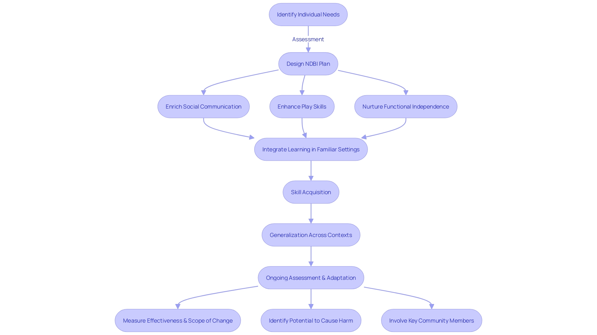 Flowchart illustrating the process of Naturalistic Developmental Behavioral Interventions (NDBIs) for individuals with autism