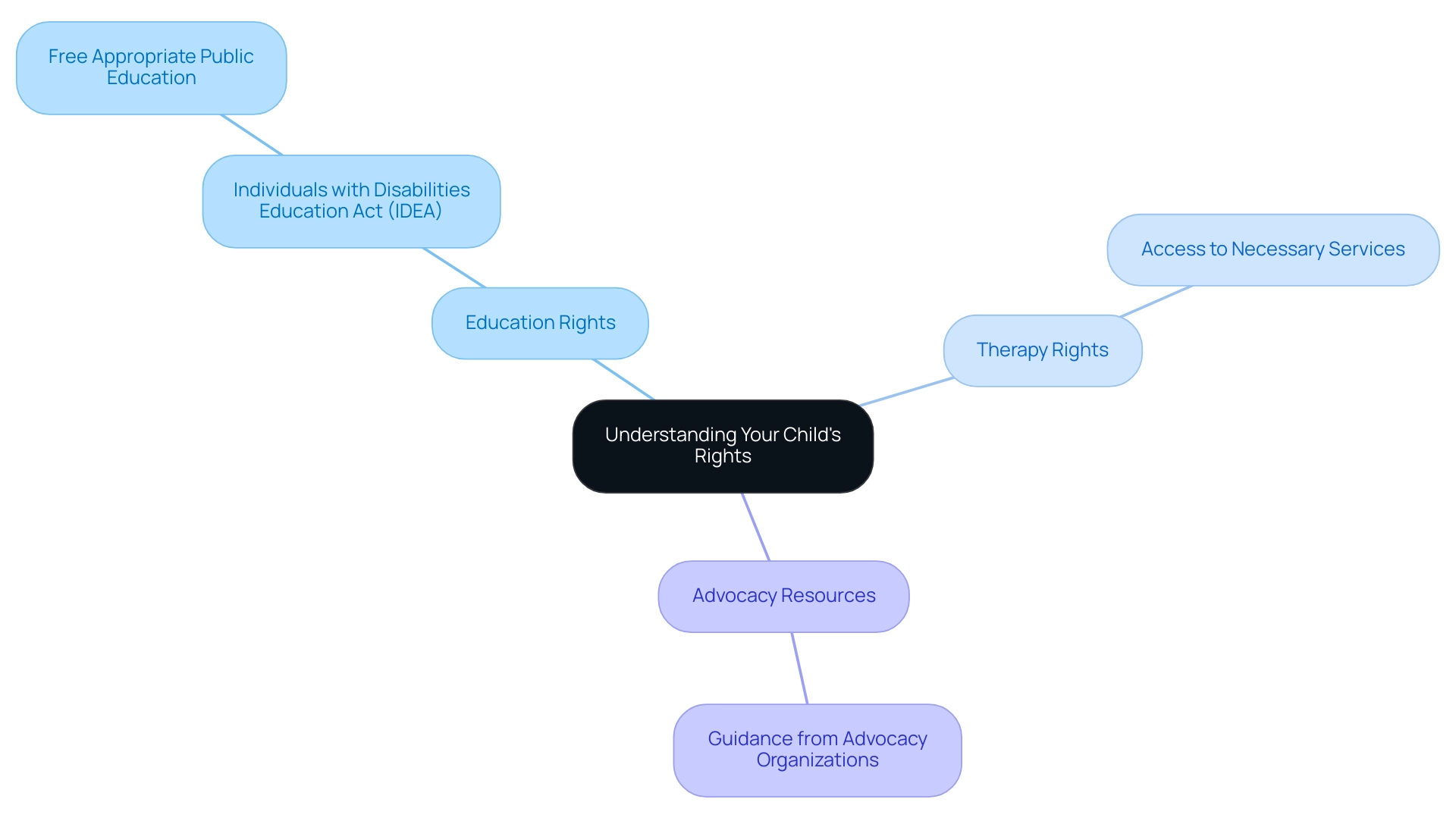 The central node represents the overarching theme, with branches indicating specific rights and resources, each color-coded for clarity.