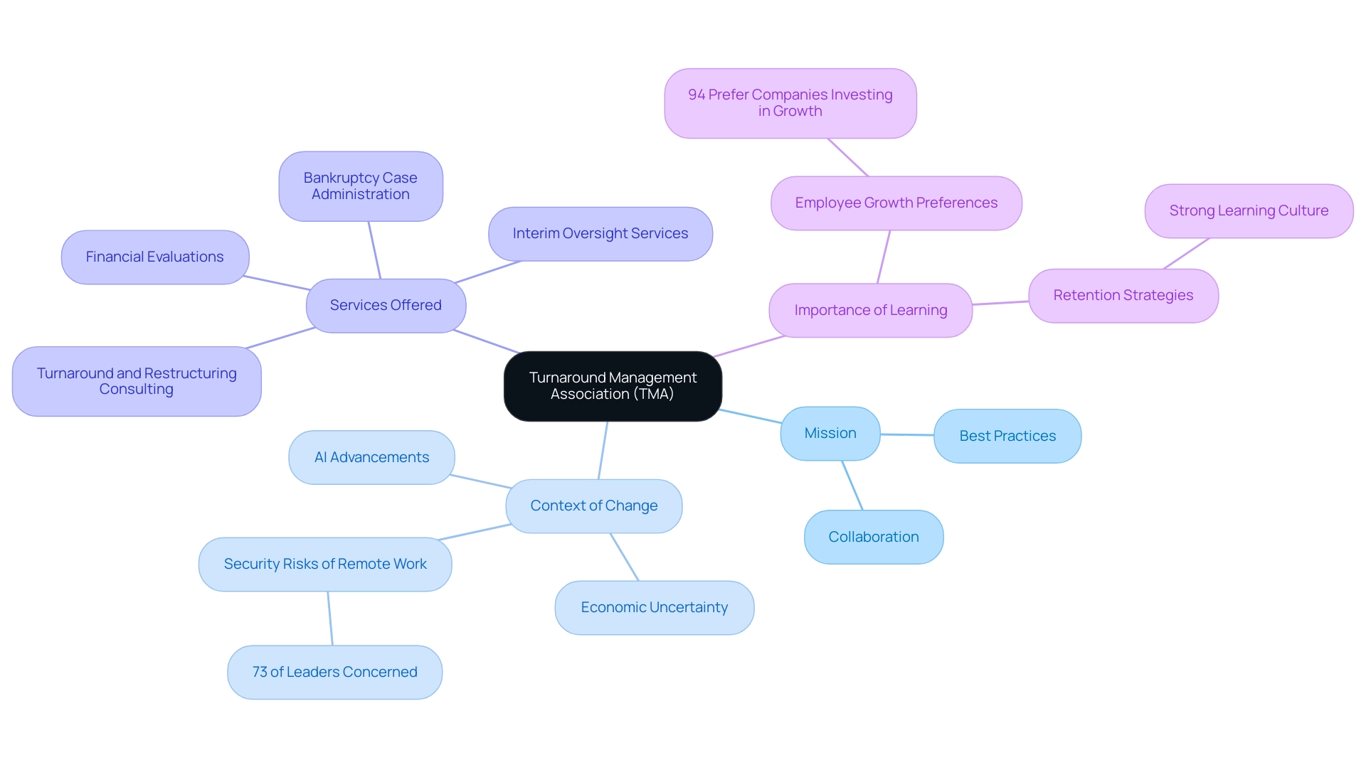 Central node represents TMA; branches represent major themes with color-coded nodes for easy identification.