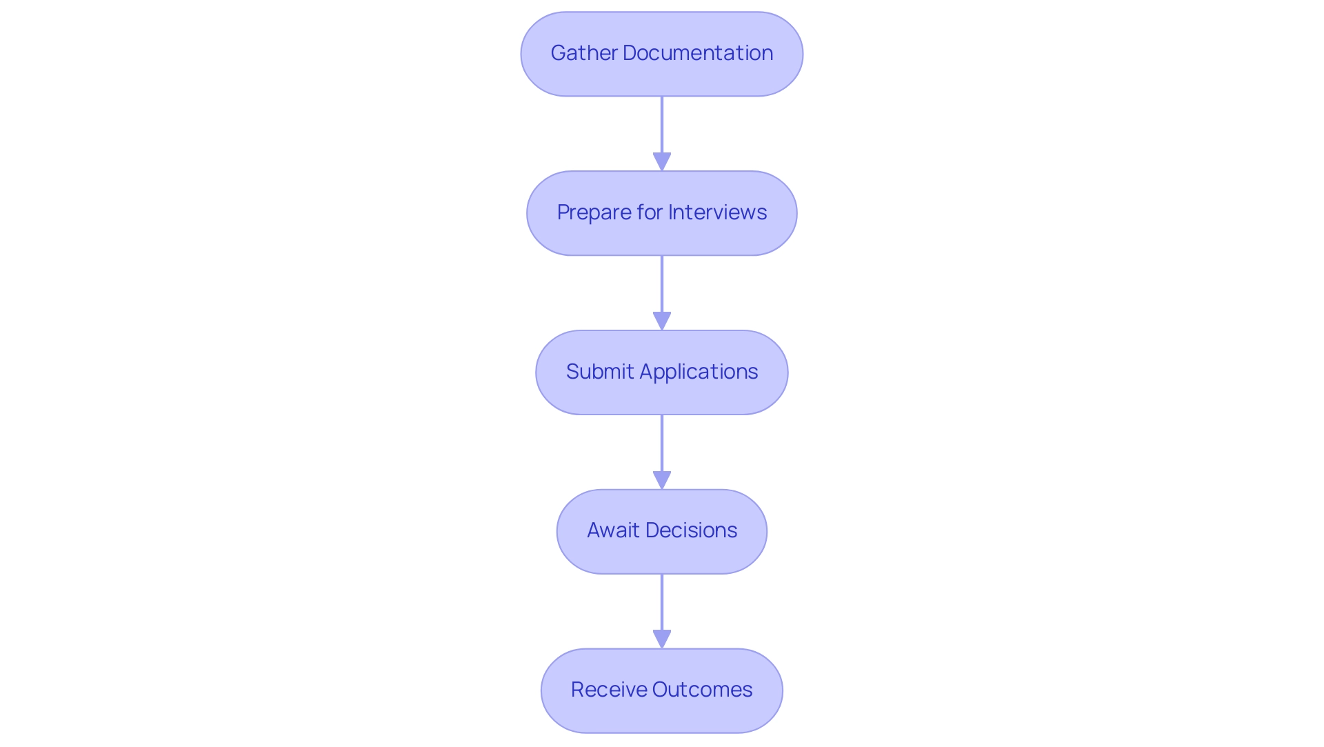 Each box represents a step in the application process, with arrows showing the flow from one step to the next. Color codes indicate different phases: documentation (blue), interviews (green), submission (yellow), decisions (orange), outcomes (red).