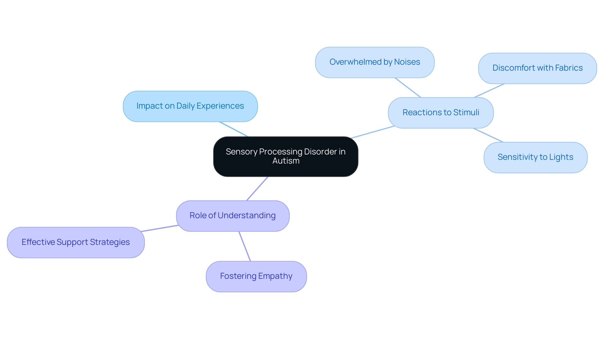 The central node represents SPD in autism, with branches illustrating its impact on daily experiences, reactions to stimuli, and the importance of understanding for effective support.