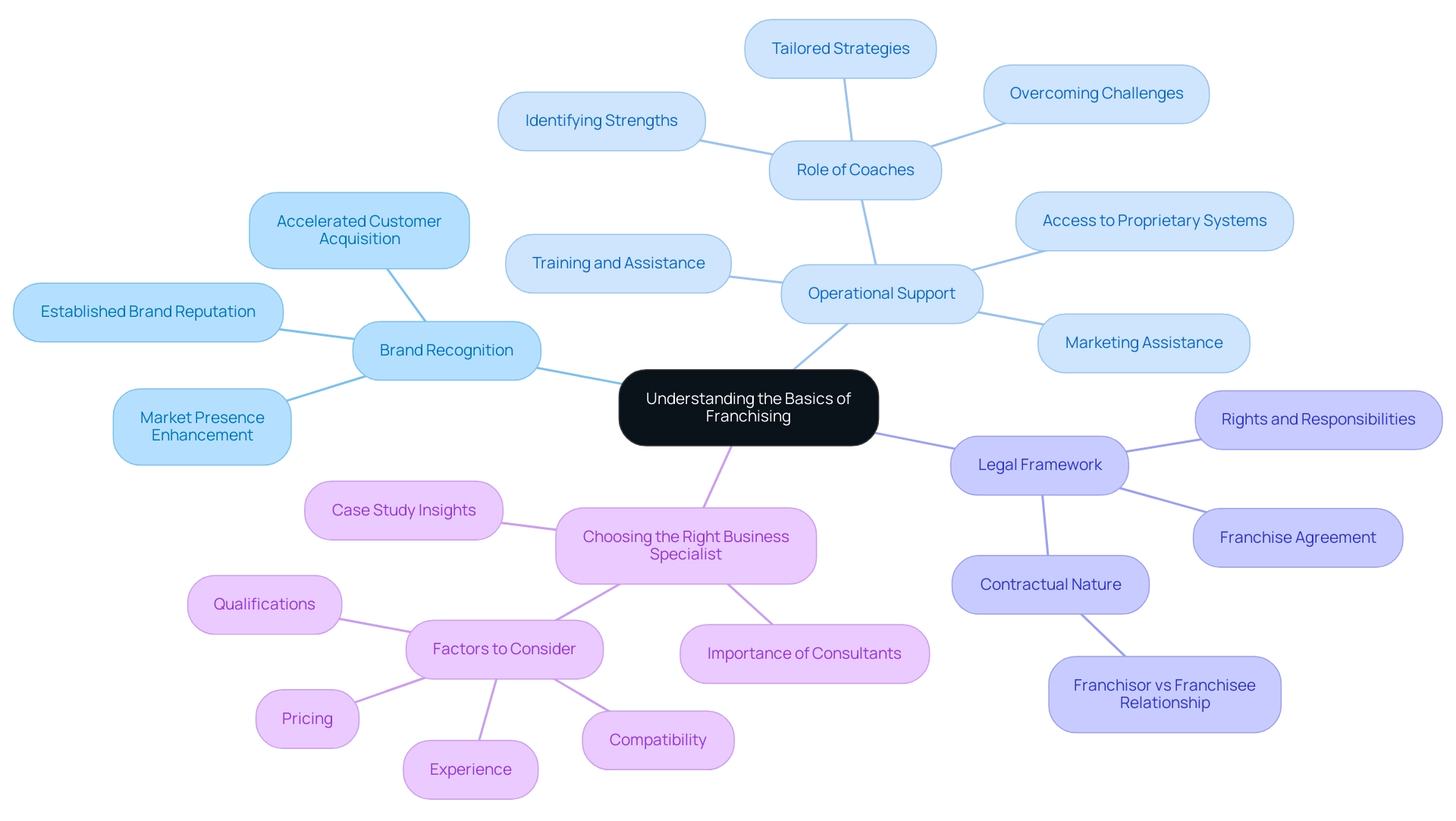 The central node represents the core concept of franchising, with branches showing key elements that contribute to understanding the overall model.