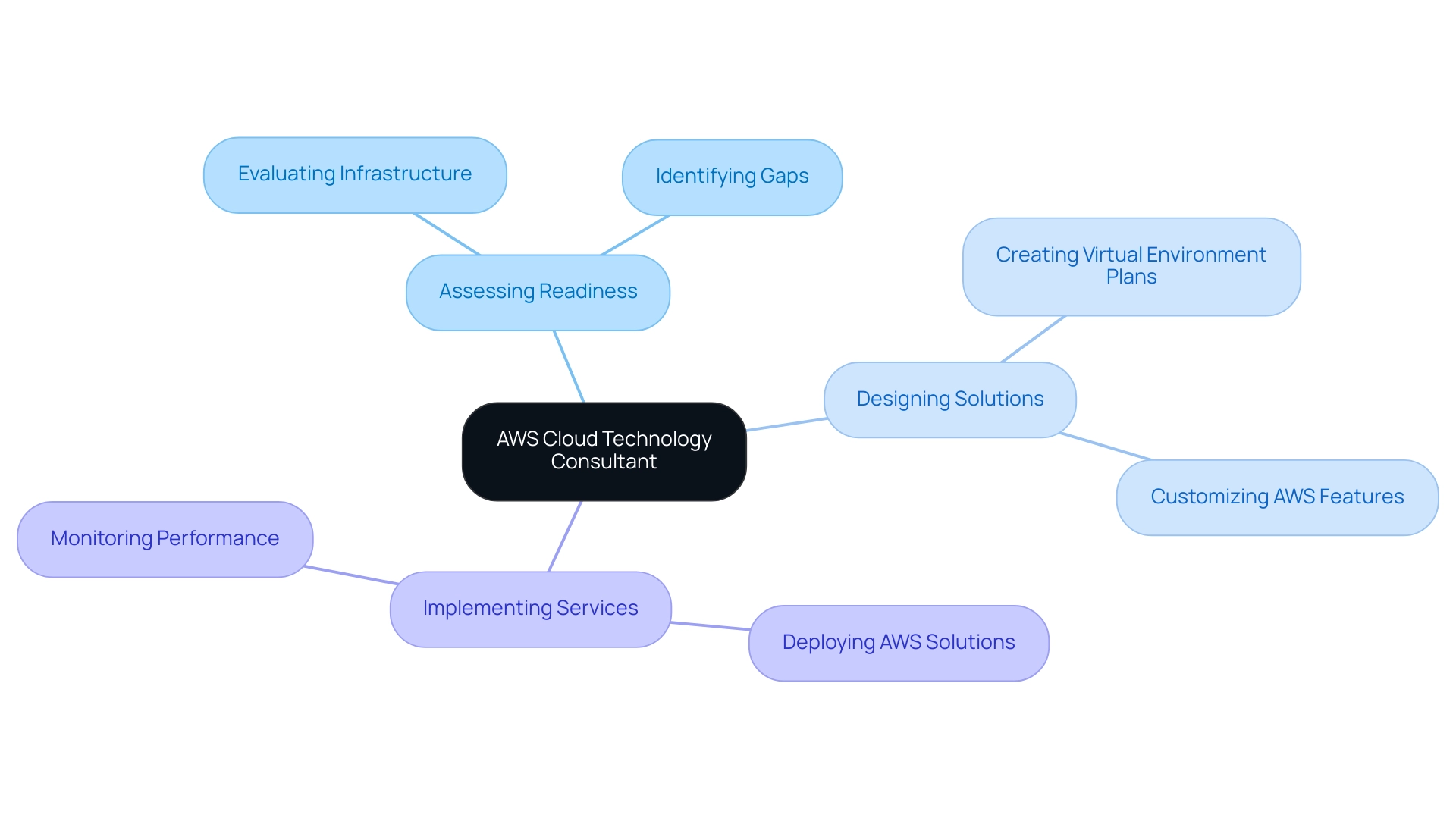 The central node represents the consultant's role, with branches detailing their primary responsibilities, each color-coded for clarity.