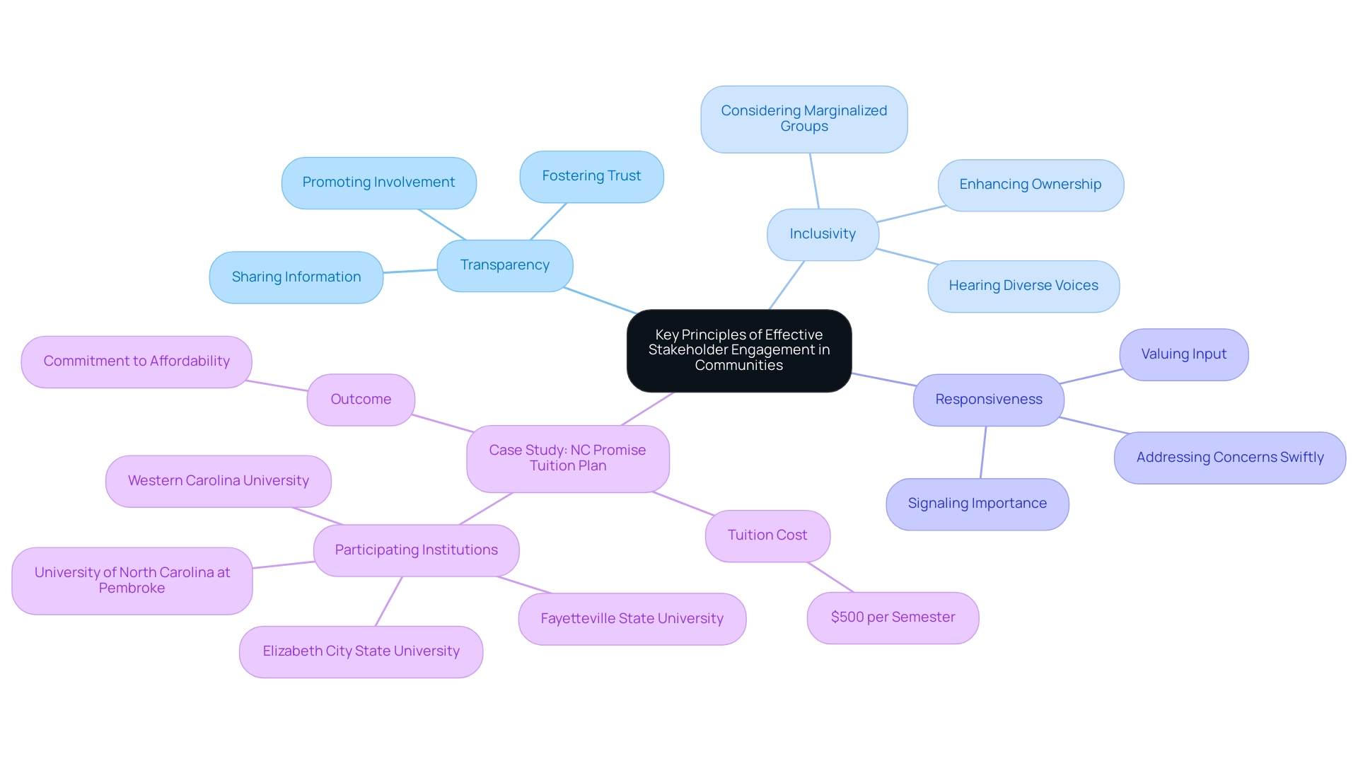 Each branch represents a core principle of stakeholder engagement, with sub-branches detailing their significance and impact.