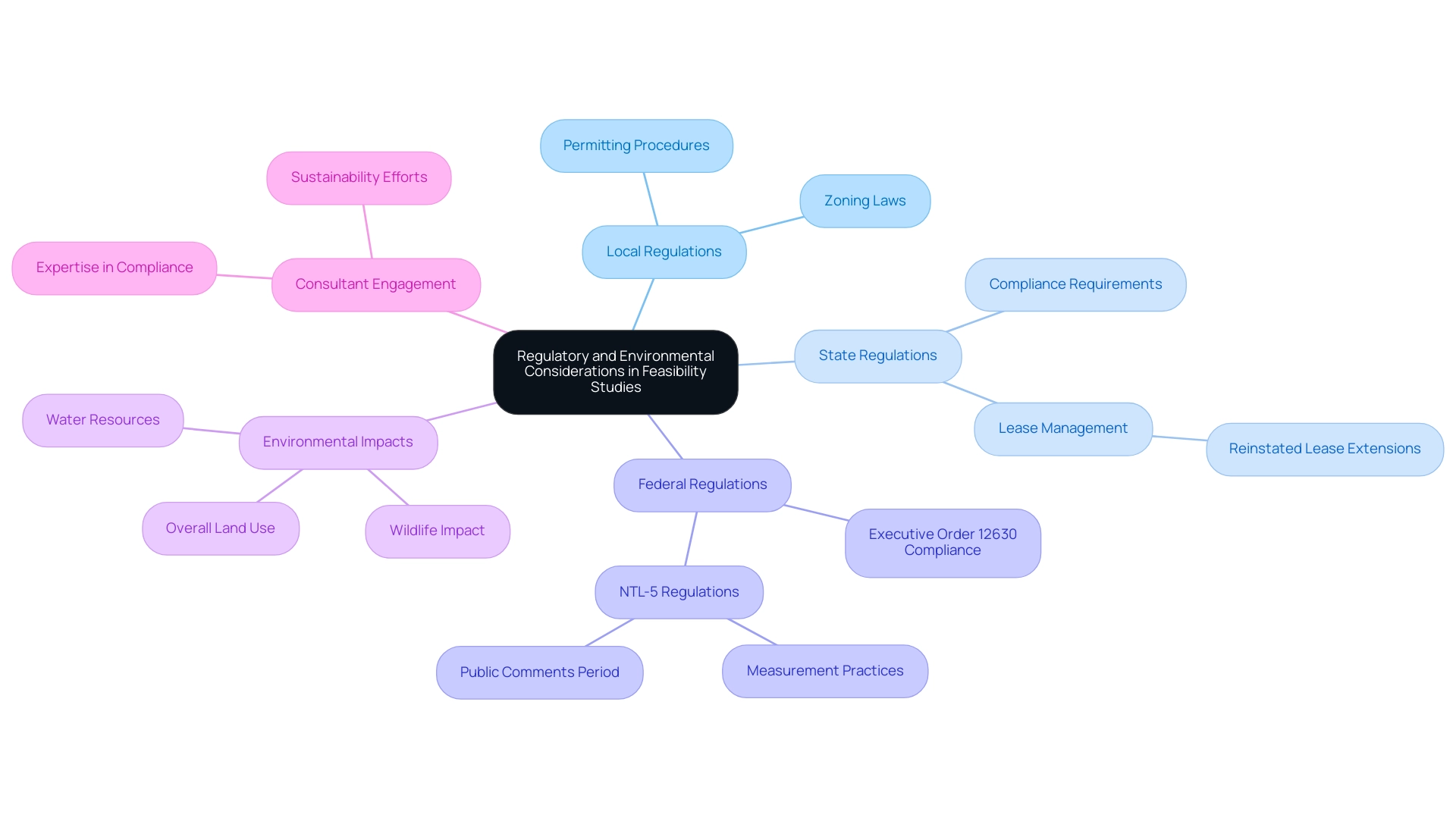 The central node represents feasibility studies, with branches representing various regulatory categories and environmental impacts, color-coded for clarity.