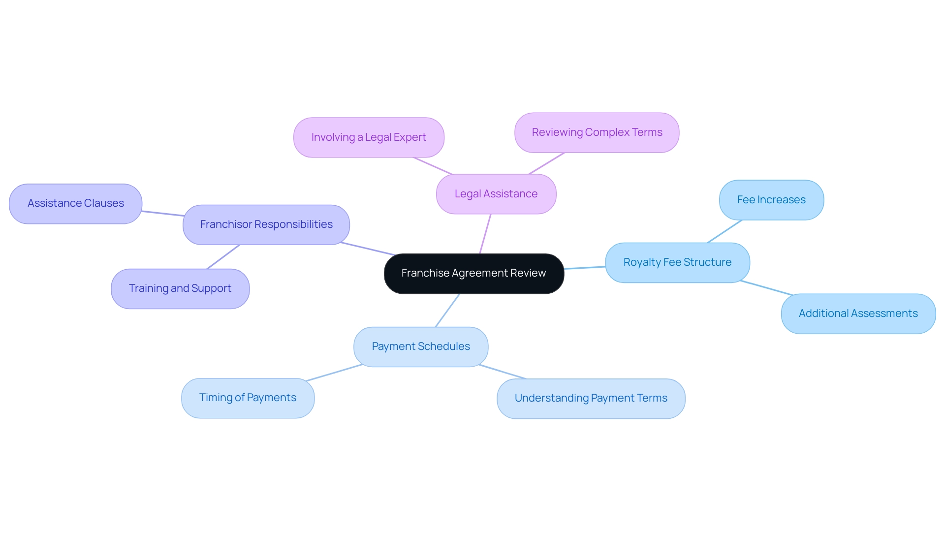 The central node represents the overall review process, with branches showing the key focus areas of franchise agreements and their respective considerations.