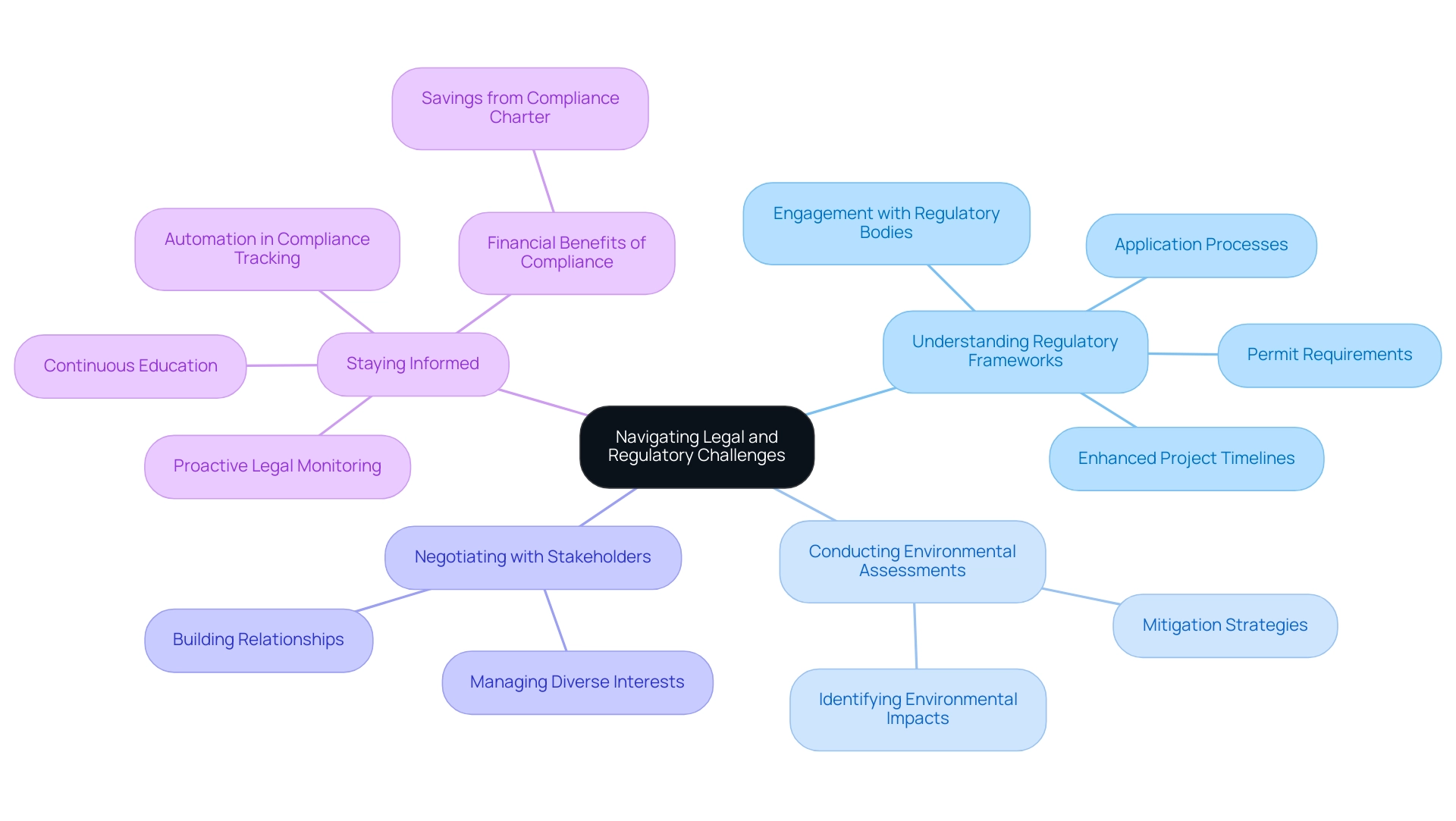 Each branch represents a key consideration in navigating legal and regulatory challenges, with sub-points elaborating on specific strategies and practices.