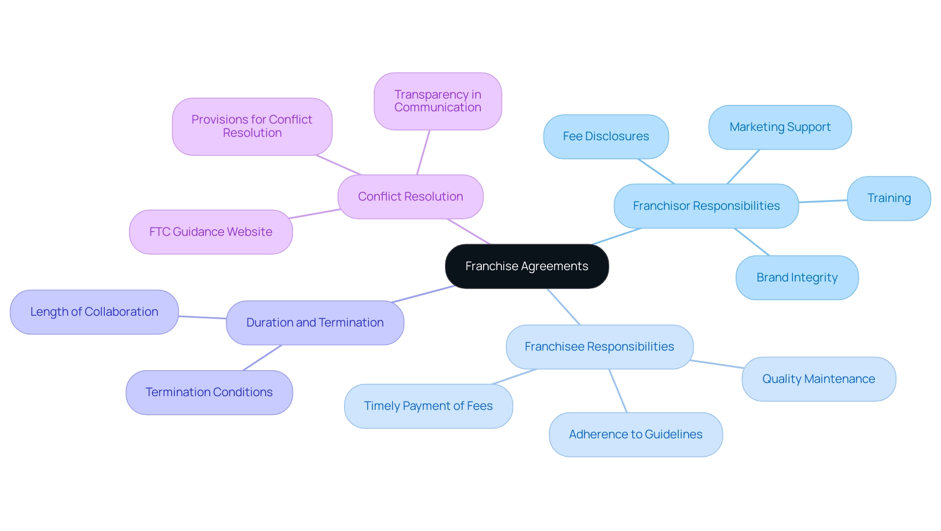 Each branch represents a specific aspect of franchise agreements, with color coding indicating the different categories of responsibilities and considerations.