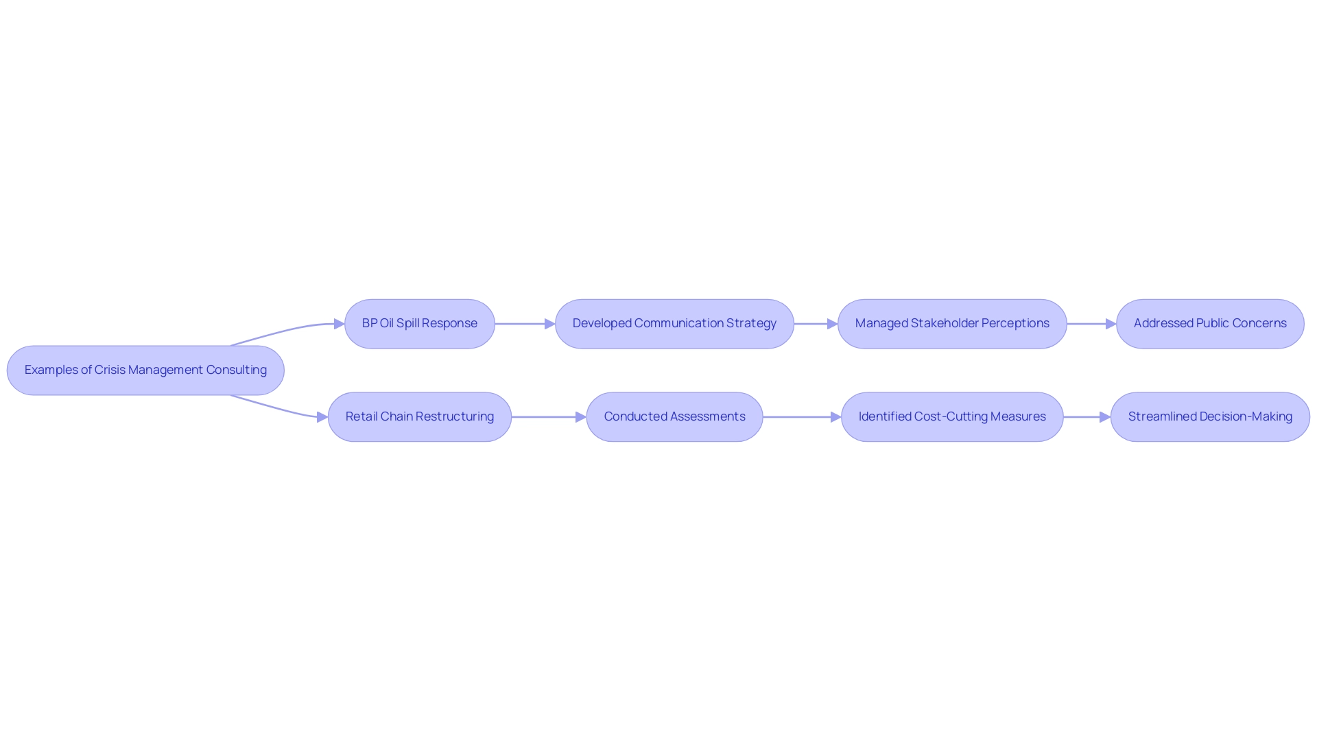 Each branch represents a case study, with boxes showing specific actions taken, and arrows indicating the flow from actions to outcomes.