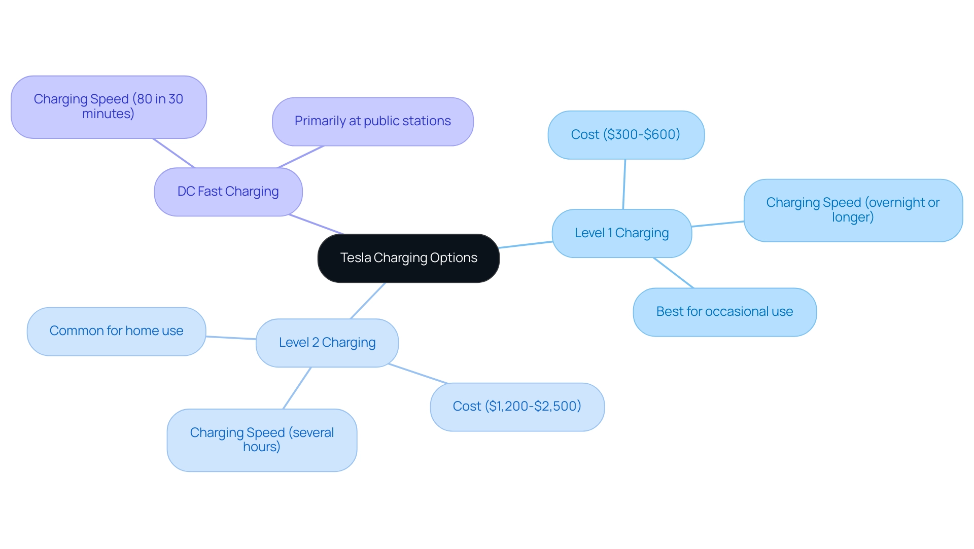 Each branch represents a charging type (Level 1, Level 2, DC Fast Charging), and sub-branches detail their cost, speed, and ideal use cases.