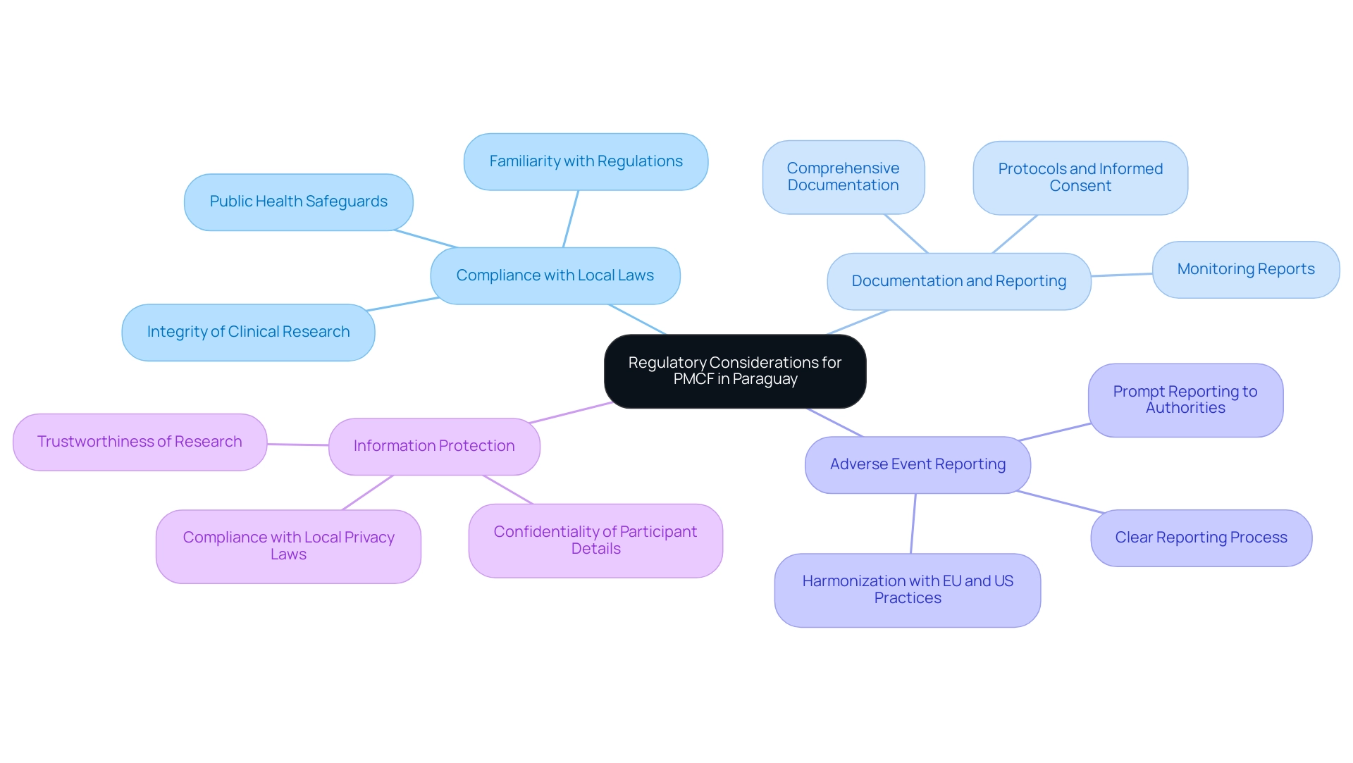 Each branch represents a key regulatory consideration, with sub-branches detailing specific aspects related to compliance, documentation, adverse events, and information protection.