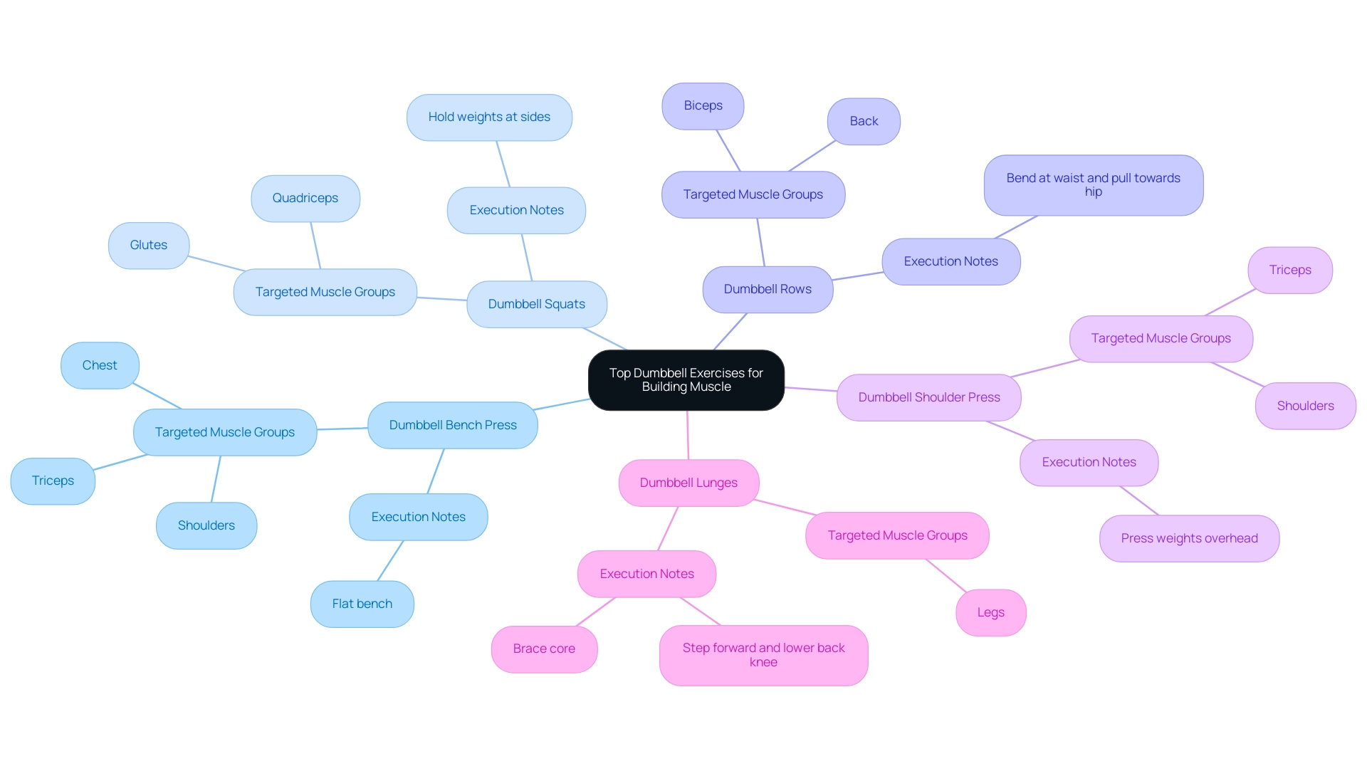 Each branch represents a specific exercise, with sub-branches indicating target muscle groups and execution notes.