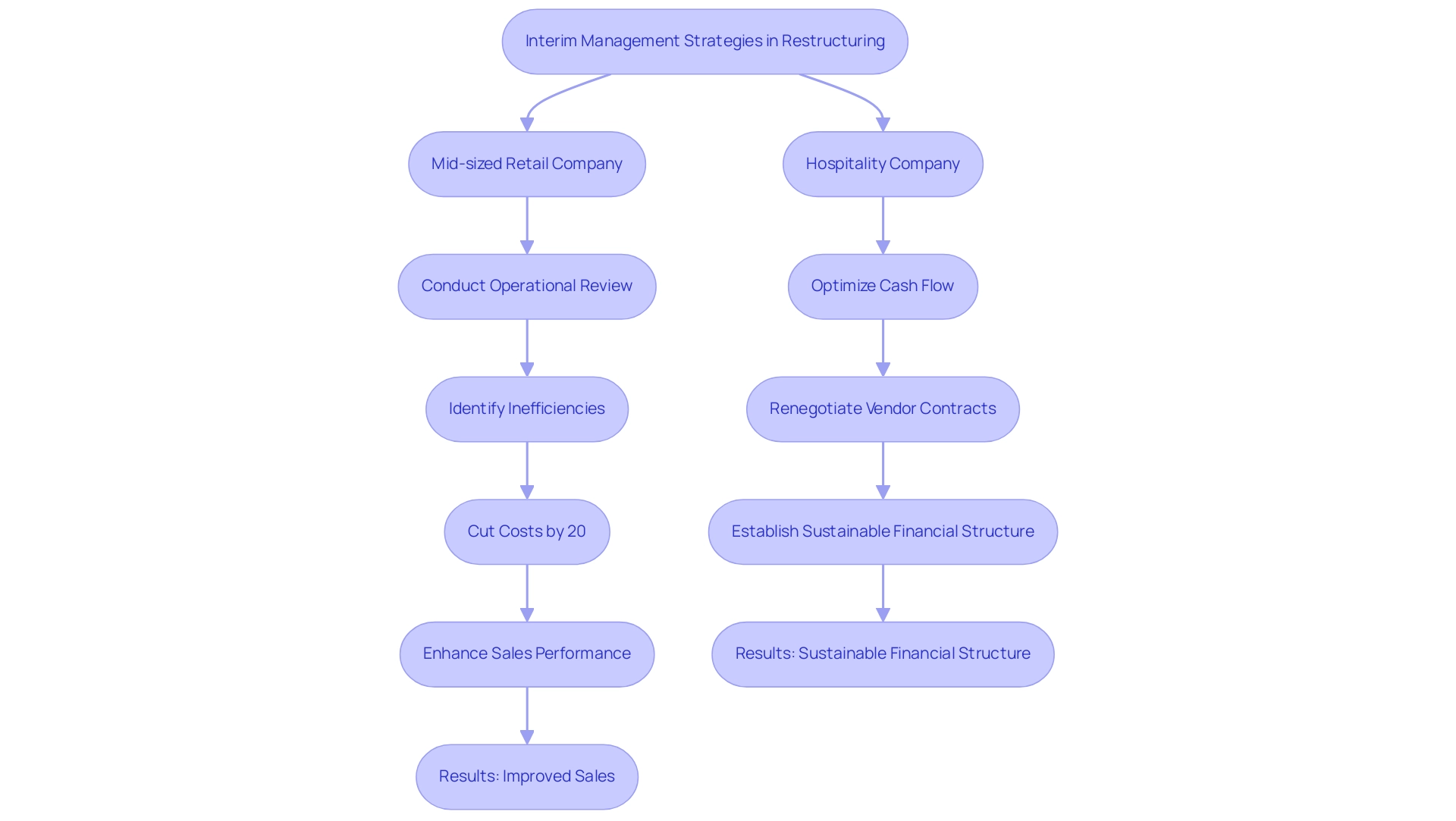 Each branch represents a different case study, with color coding used to differentiate between the two companies and highlight the steps taken and results achieved.